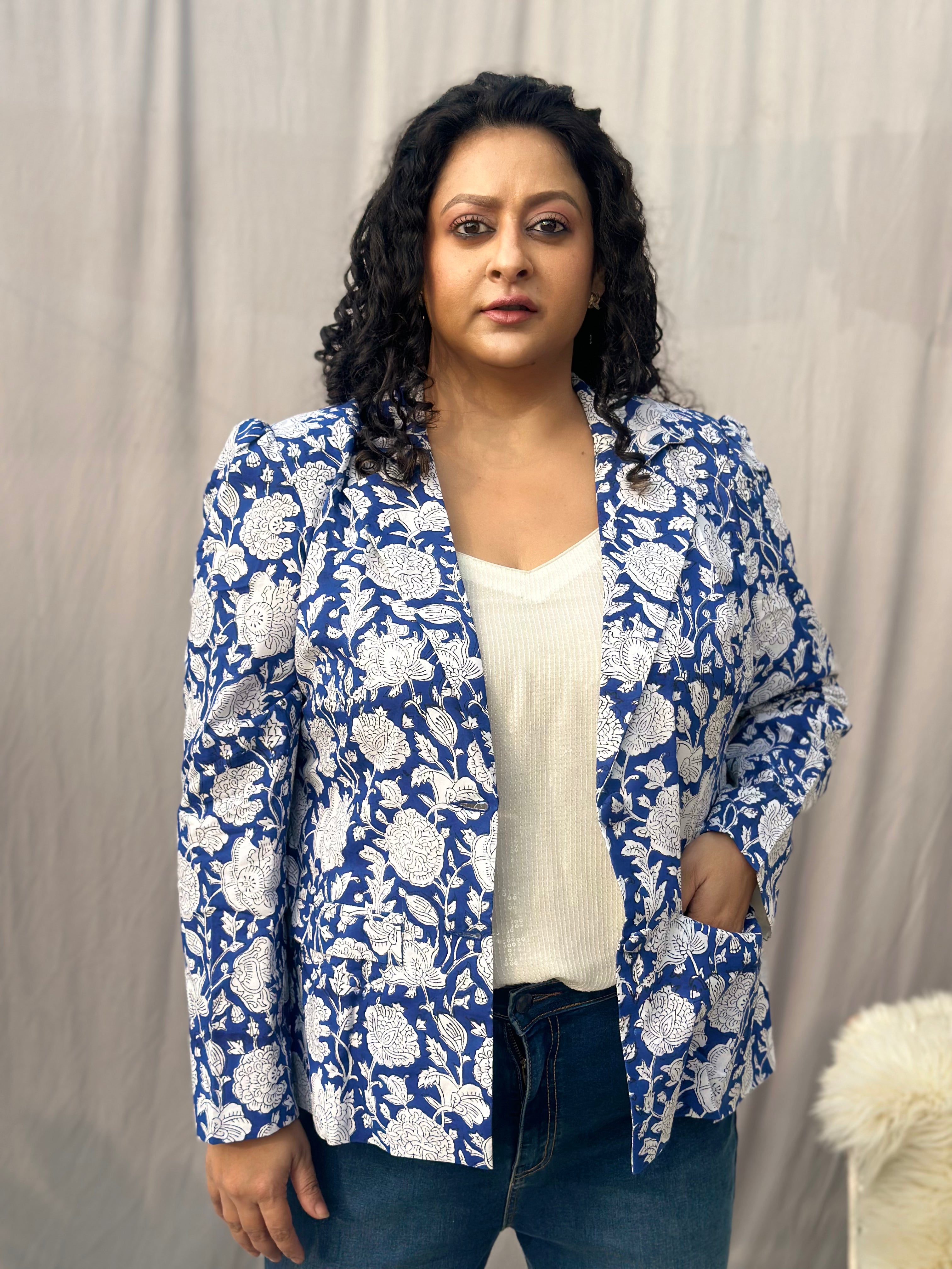 Azure Flora - Blue Floral Sanganeri Handblock Print Cotton Blazer