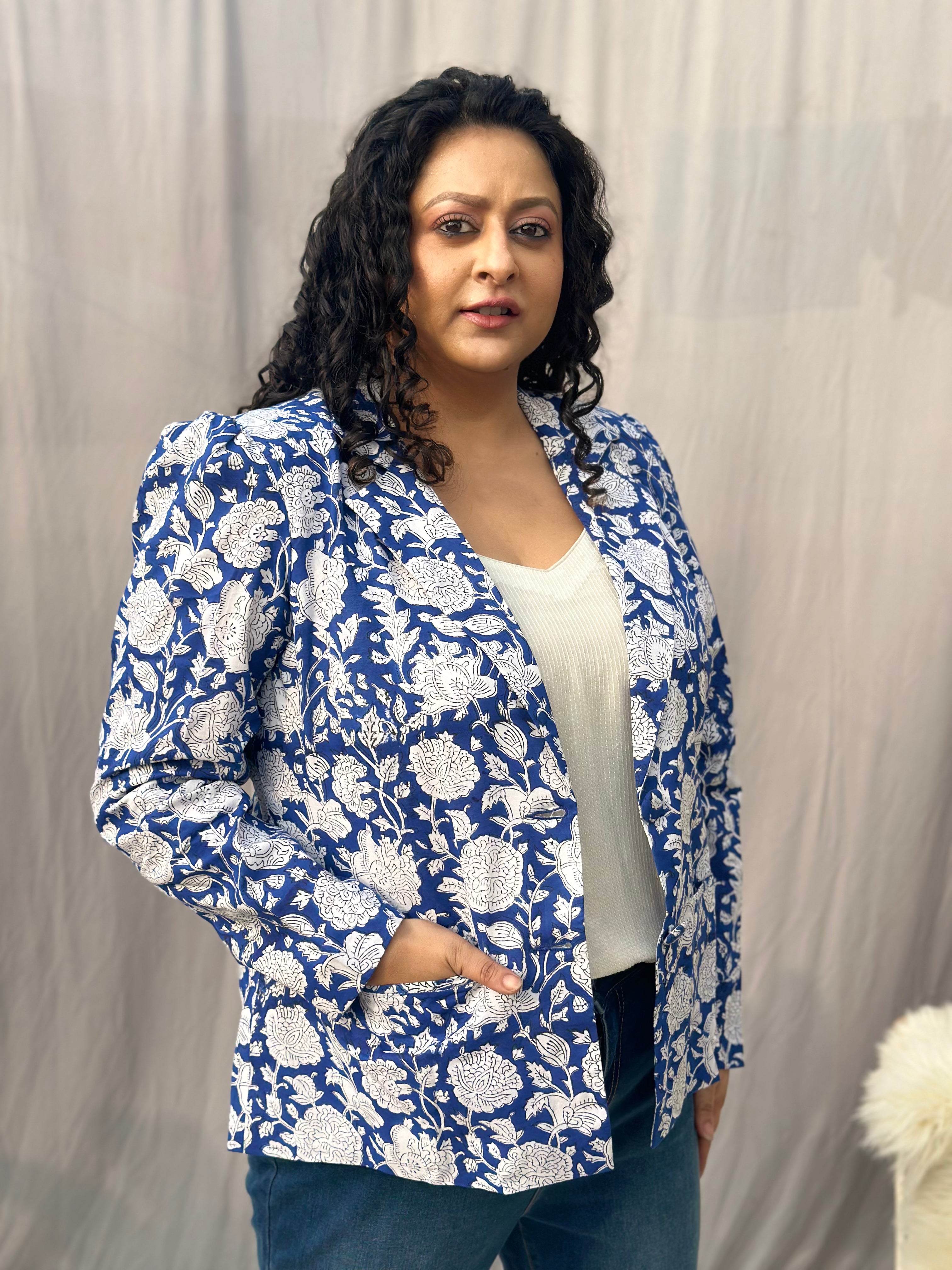 Azure Flora - Blue Floral Sanganeri Handblock Print Cotton Blazer