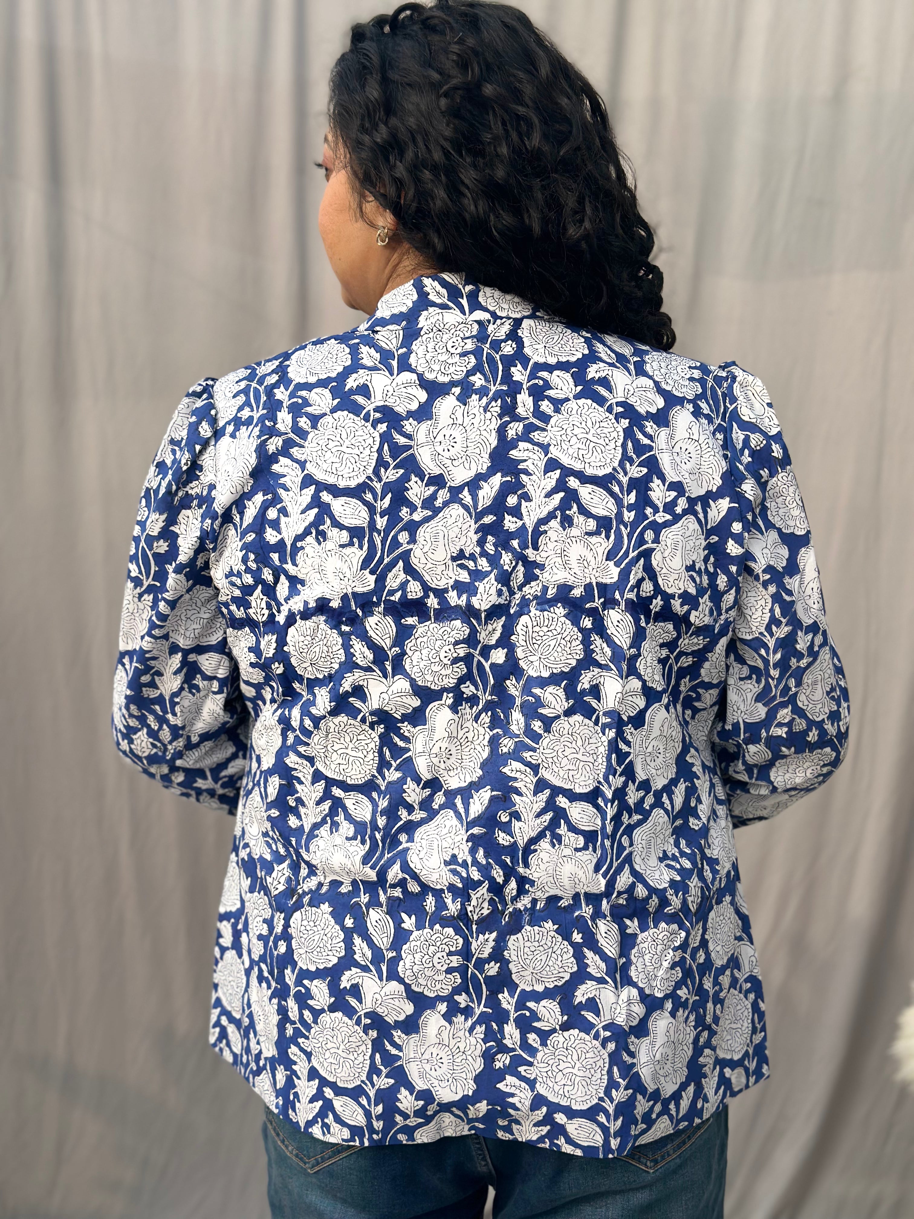 Azure Flora - Blue Floral Sanganeri Handblock Print Cotton Blazer