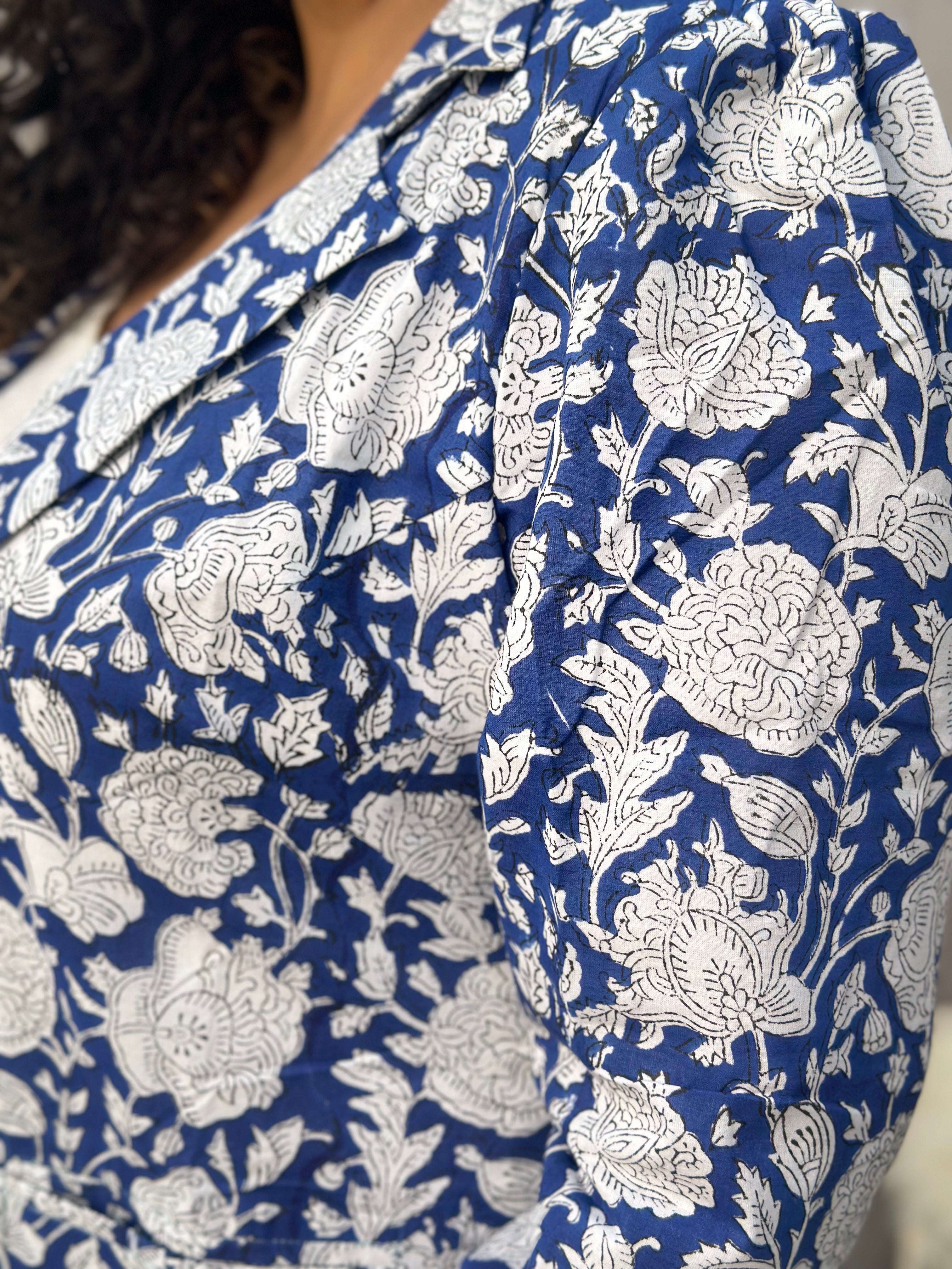 Azure Flora - Blue Floral Sanganeri Handblock Print Cotton Blazer