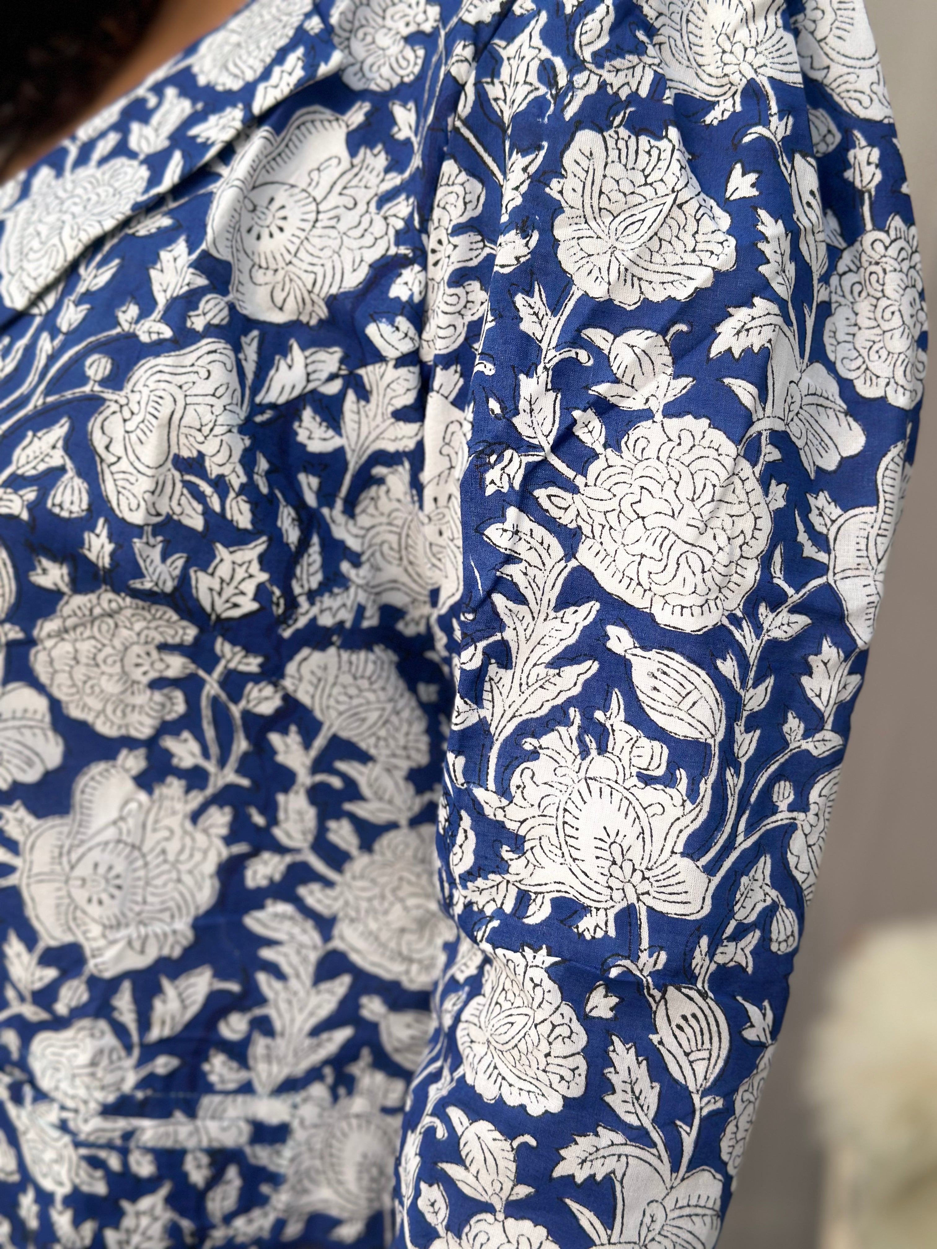 Azure Flora - Blue Floral Sanganeri Handblock Print Cotton Blazer
