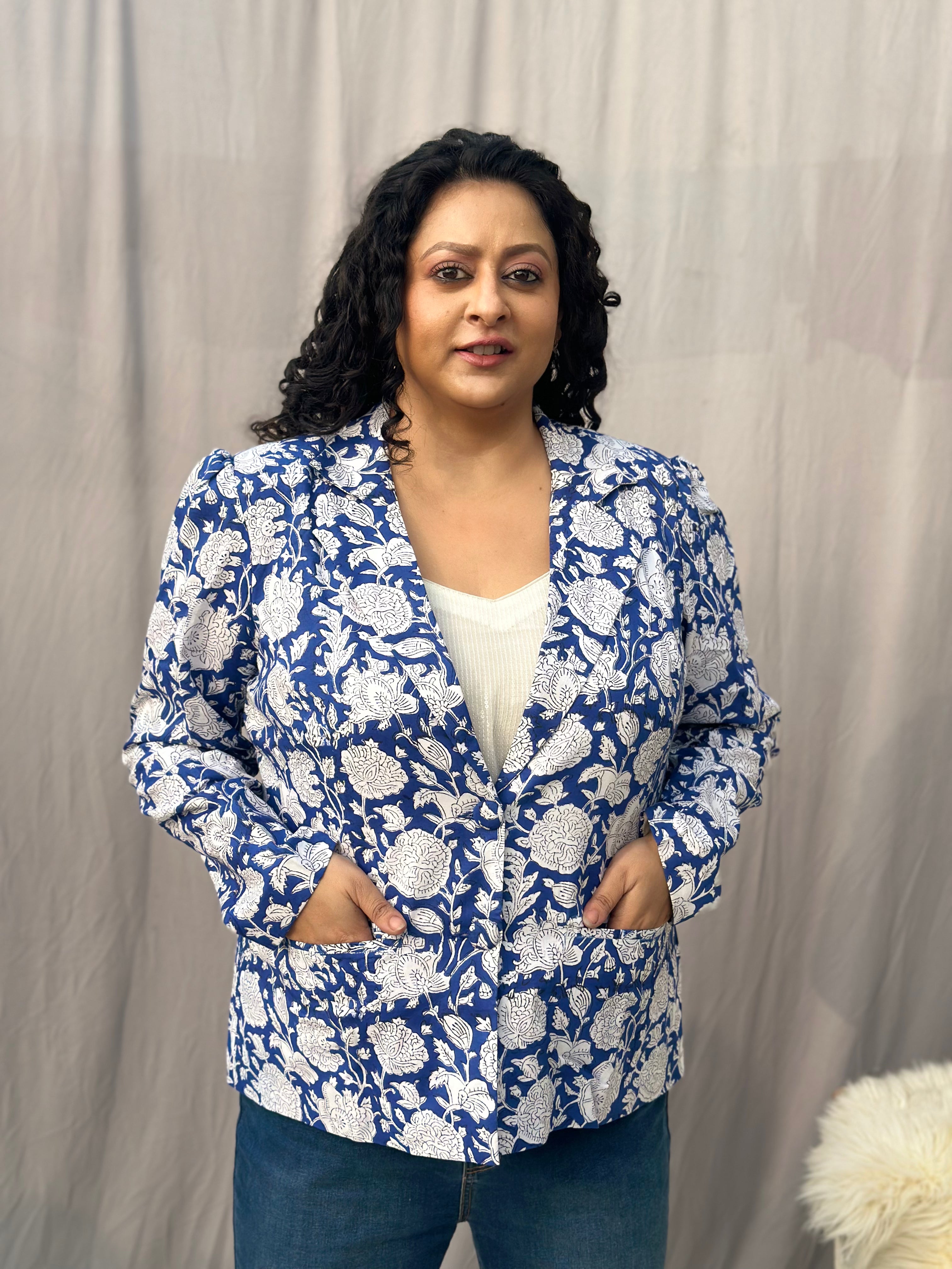 Azure Flora - Blue Floral Sanganeri Handblock Print Cotton Blazer