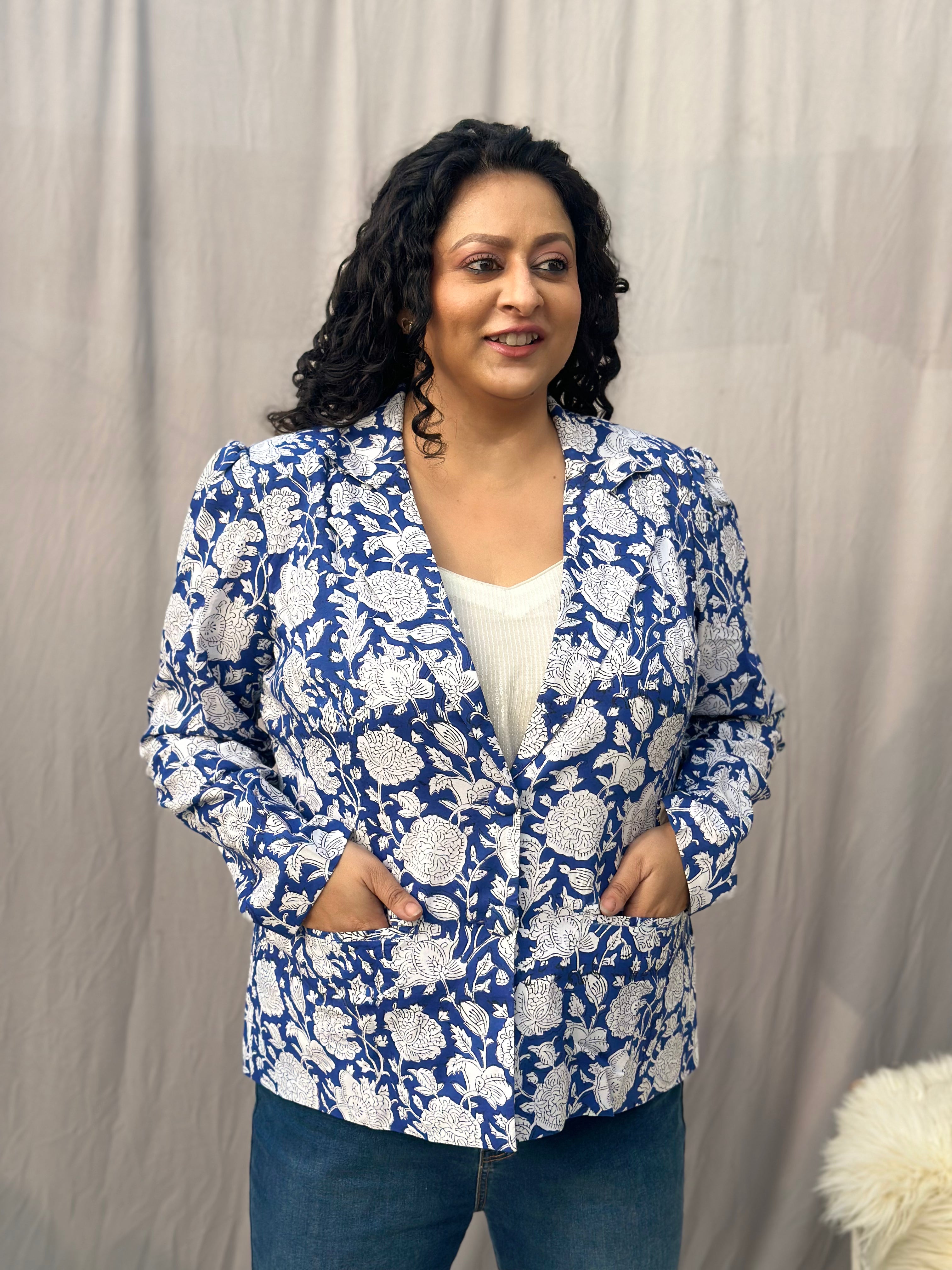 Azure Flora - Blue Floral Sanganeri Handblock Print Cotton Blazer