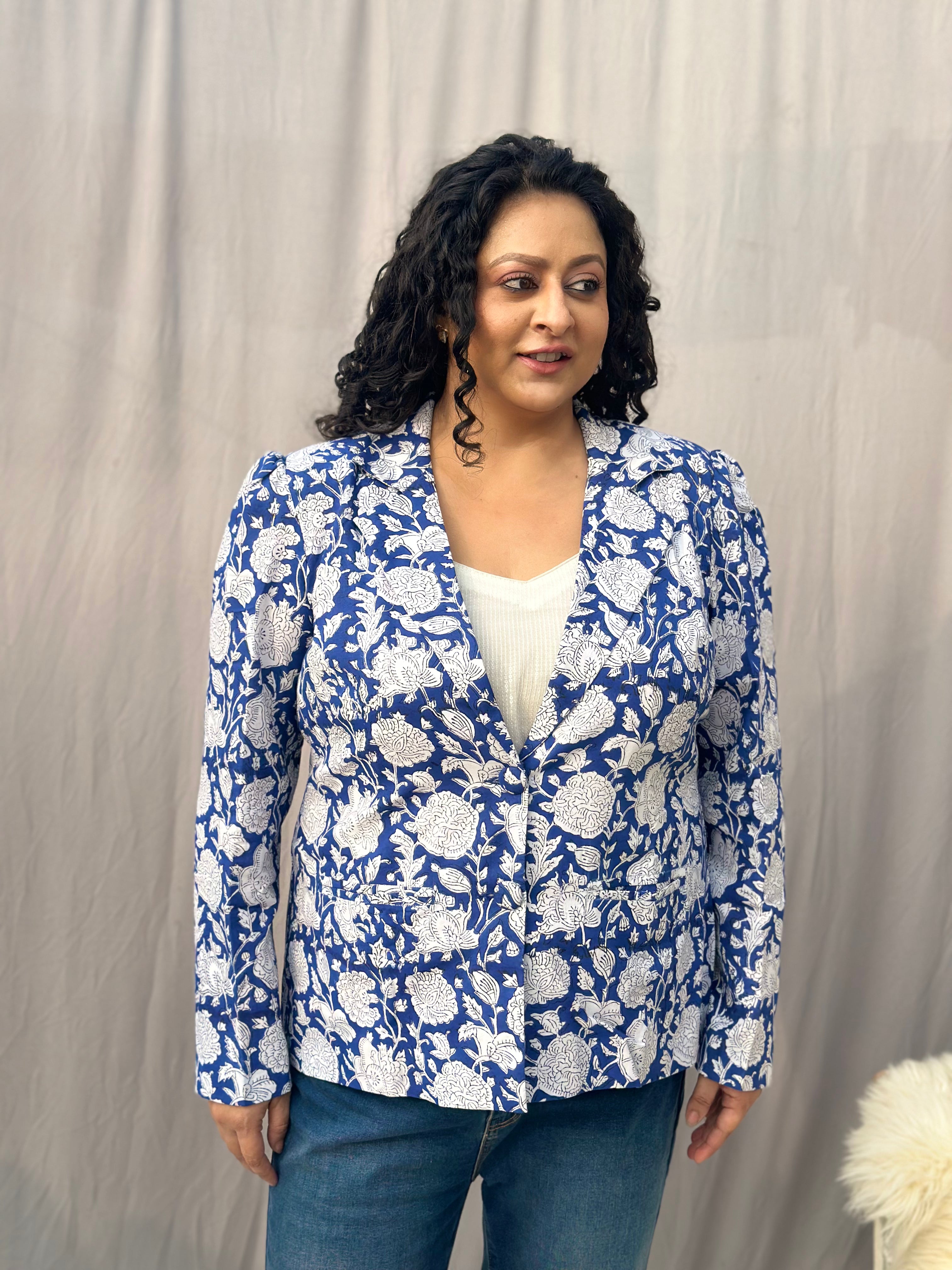Azure Flora - Blue Floral Sanganeri Handblock Print Cotton Blazer