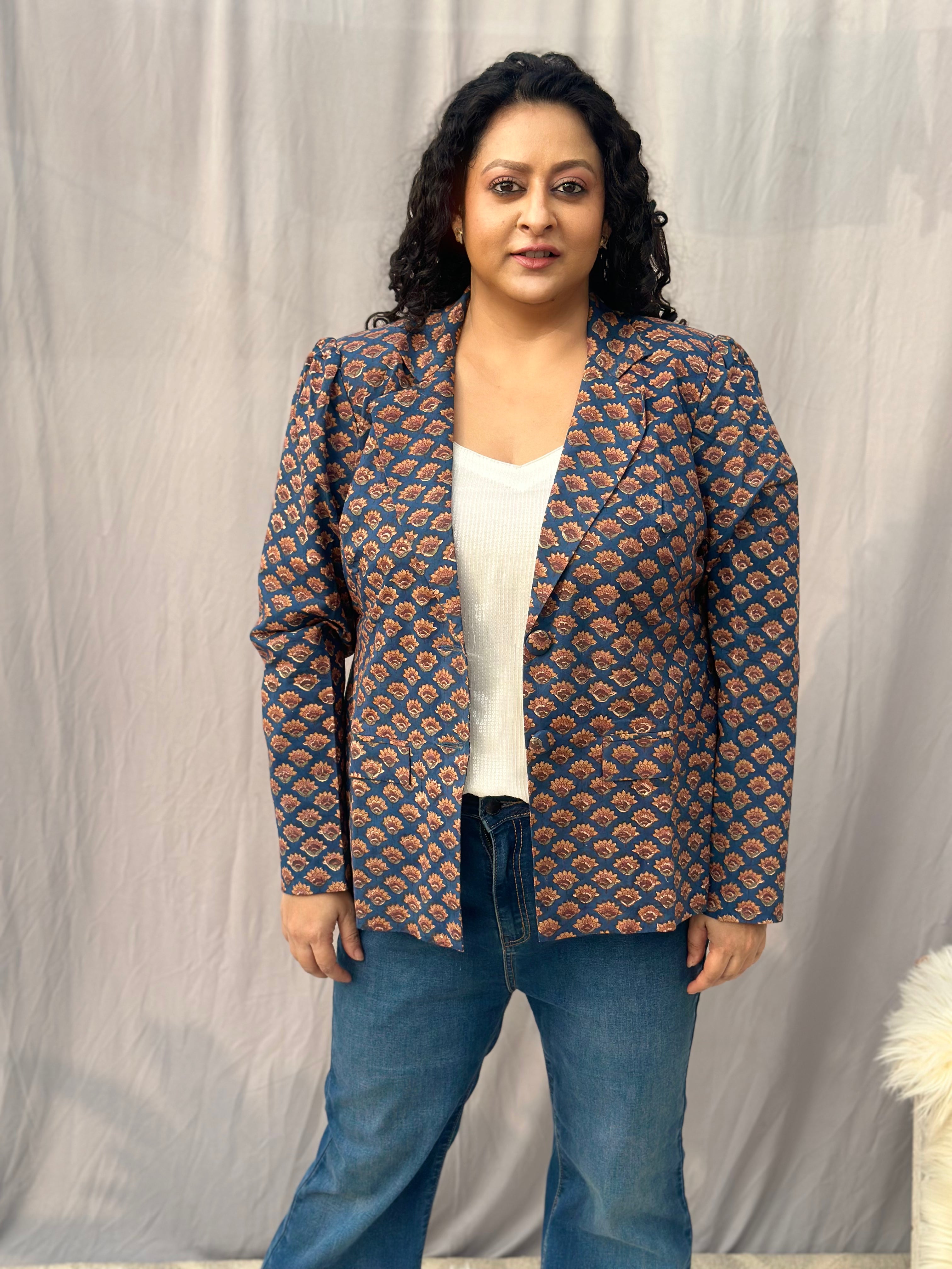 Rust & Royal Blazer- Sea Green Sanganeri Booti Handblock Print Cotton Blazer