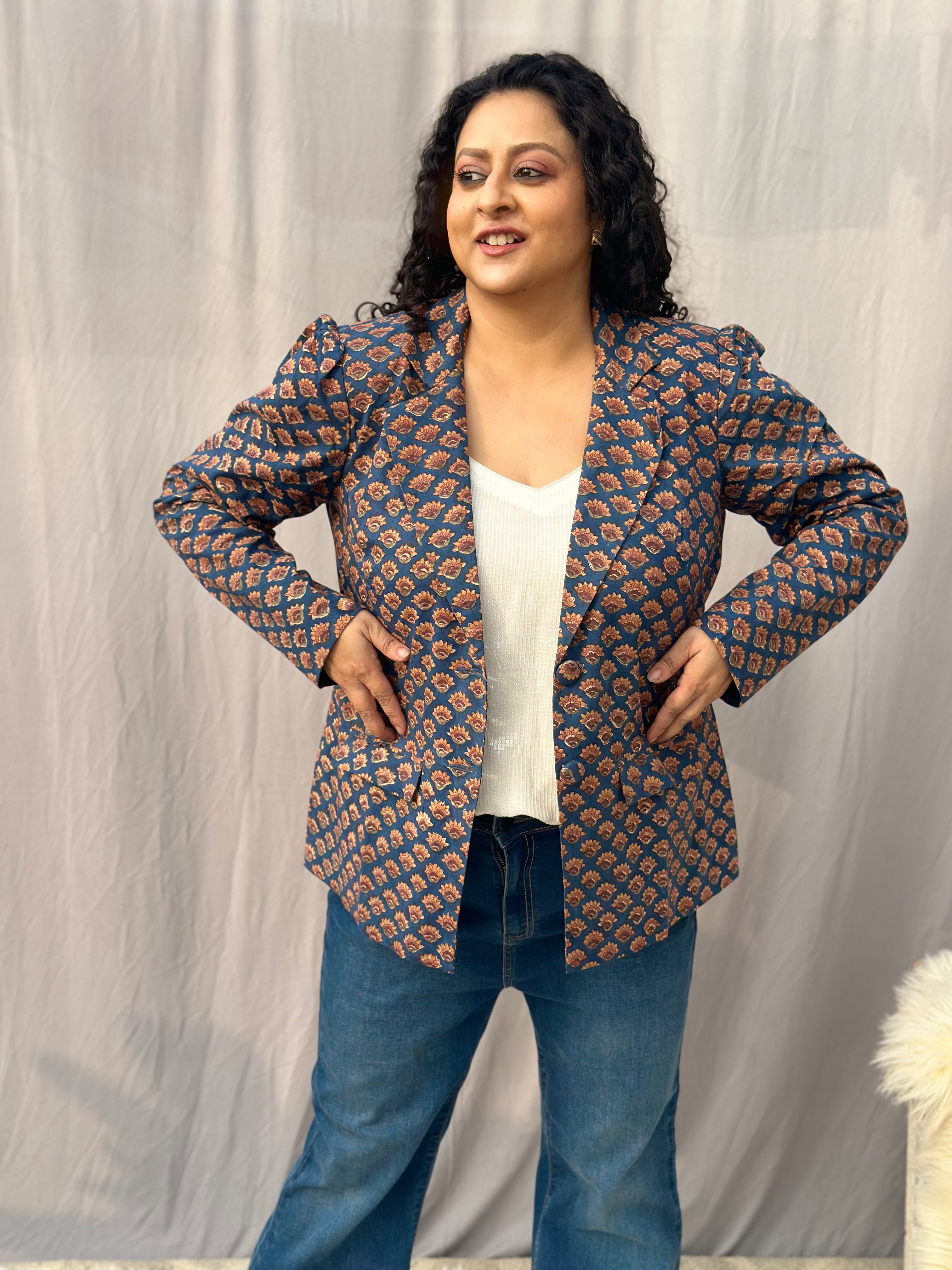 Rust & Royal Blazer- Sea Green Sanganeri Booti Handblock Print Cotton Blazer