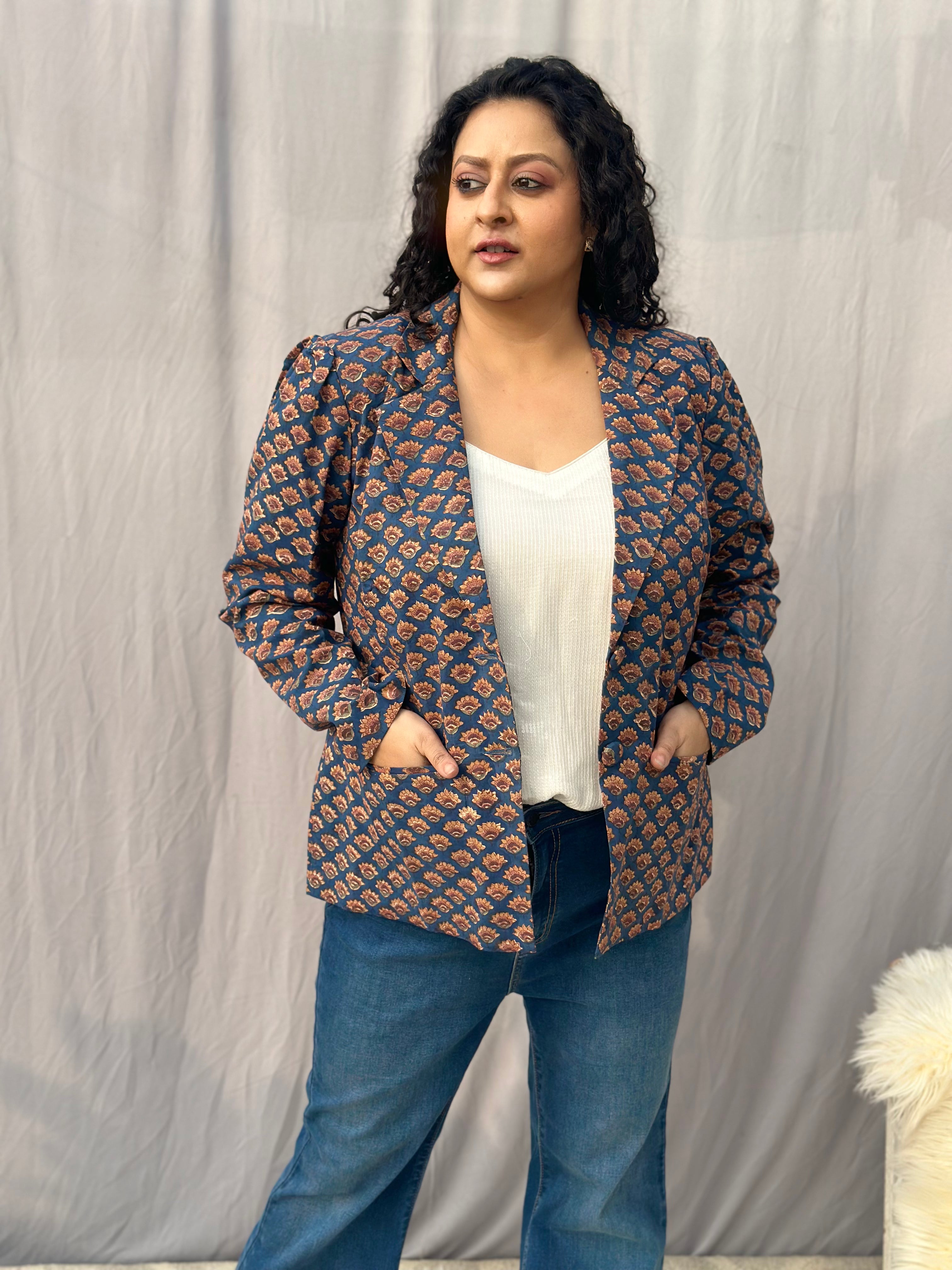 Rust & Royal Blazer- Sea Green Sanganeri Booti Handblock Print Cotton Blazer