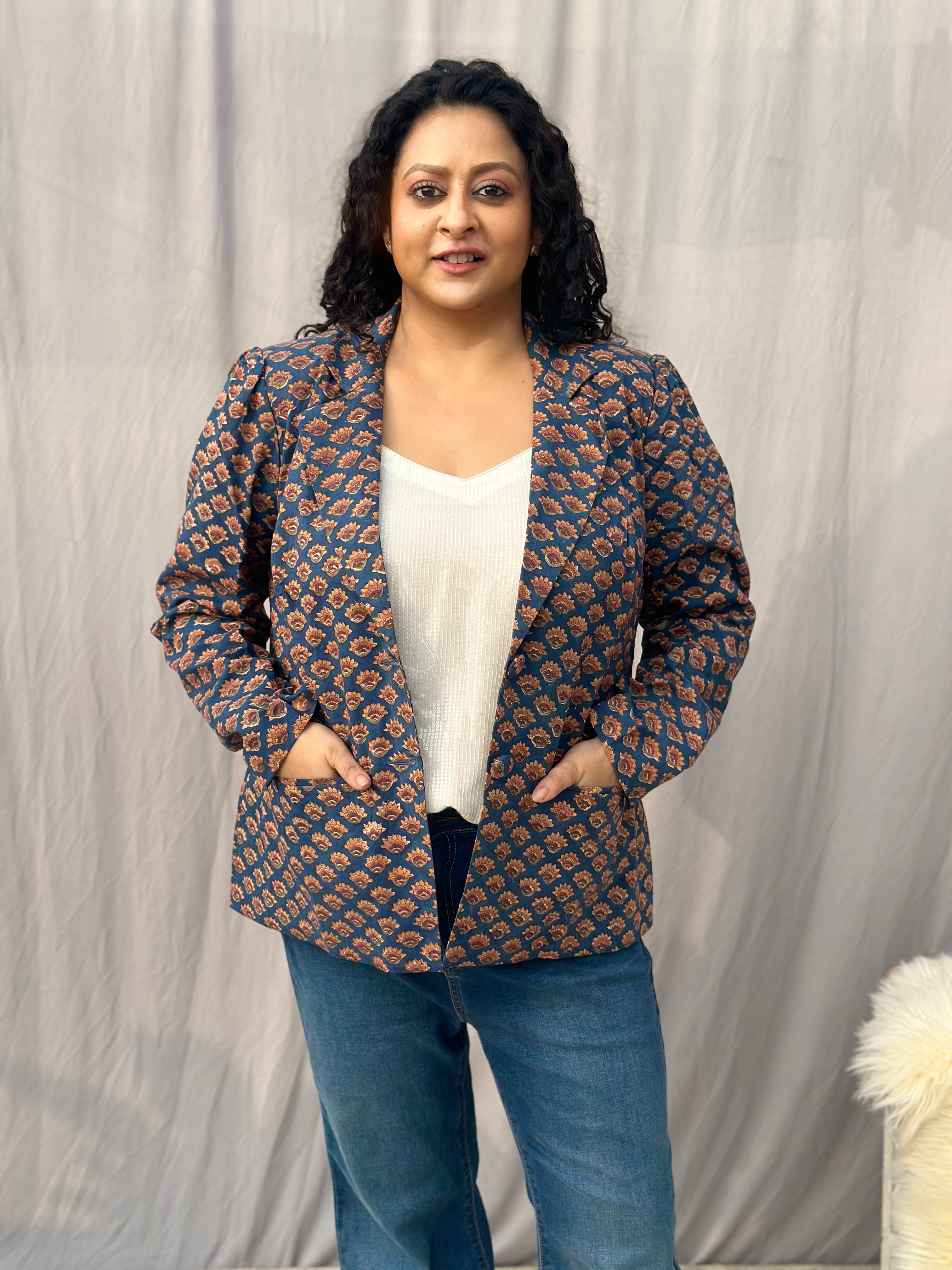 Rust & Royal Blazer- Sea Green Sanganeri Booti Handblock Print Cotton Blazer