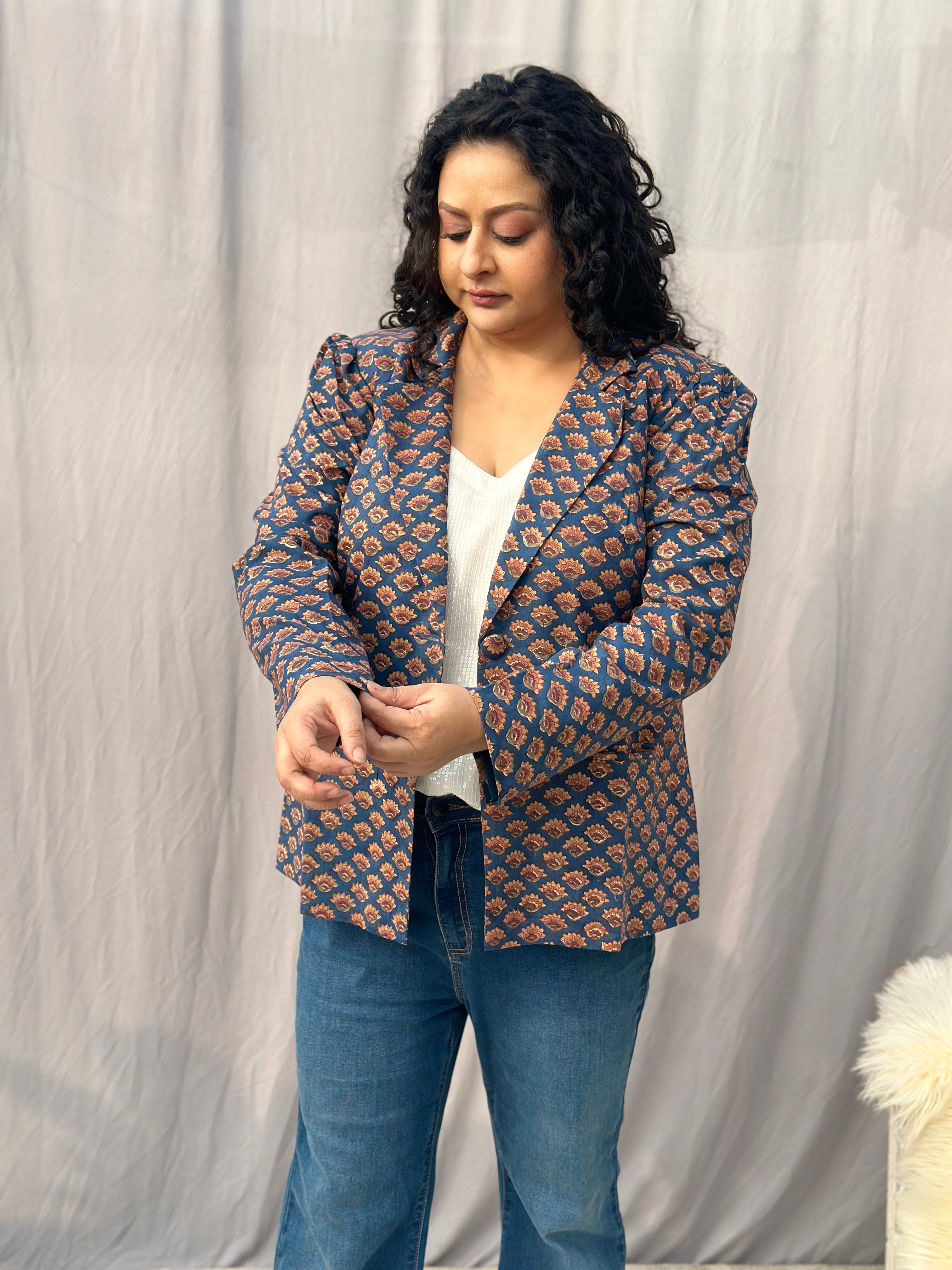 Rust & Royal Blazer- Sea Green Sanganeri Booti Handblock Print Cotton Blazer