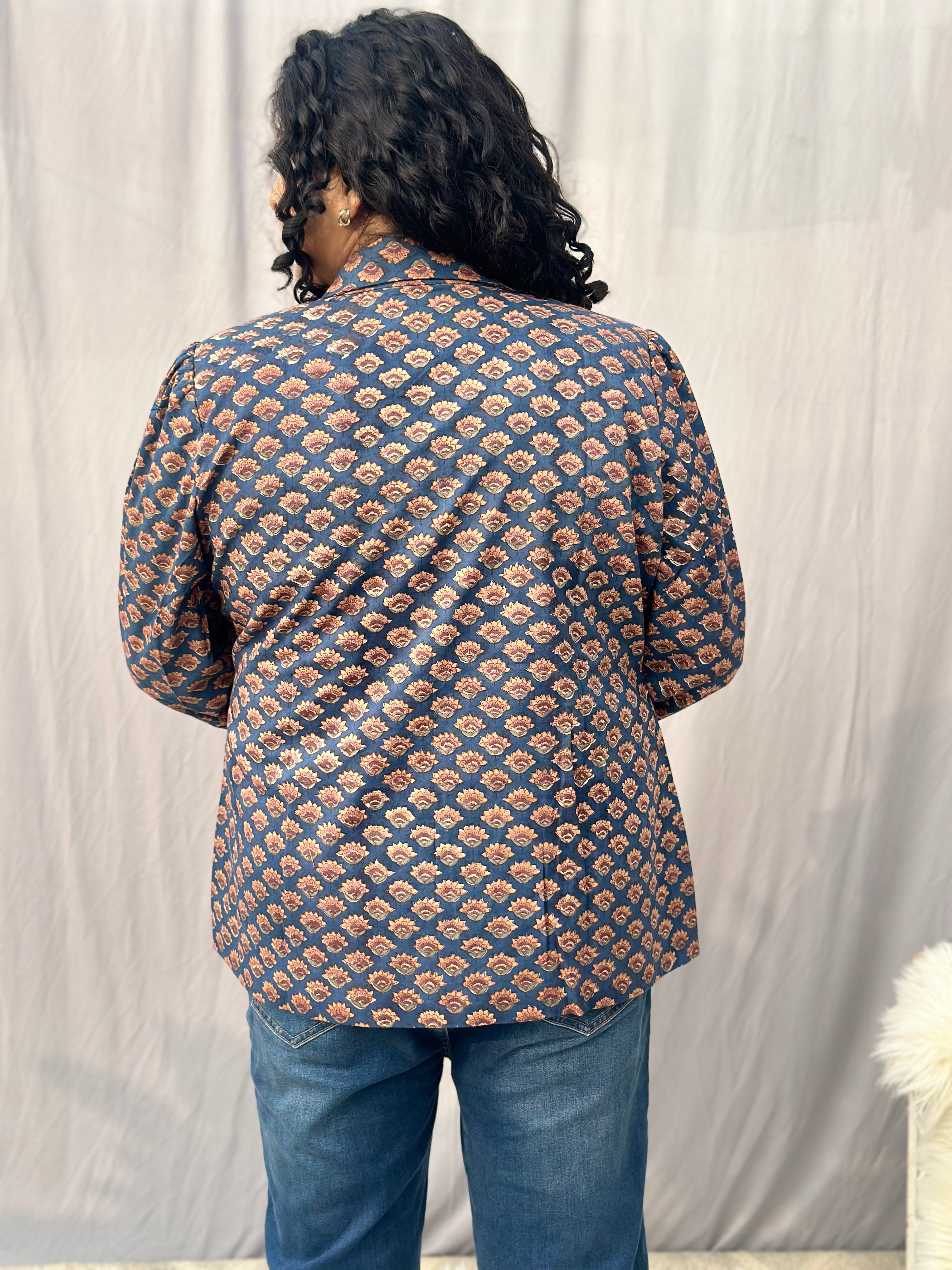 Rust & Royal Blazer- Sea Green Sanganeri Booti Handblock Print Cotton Blazer