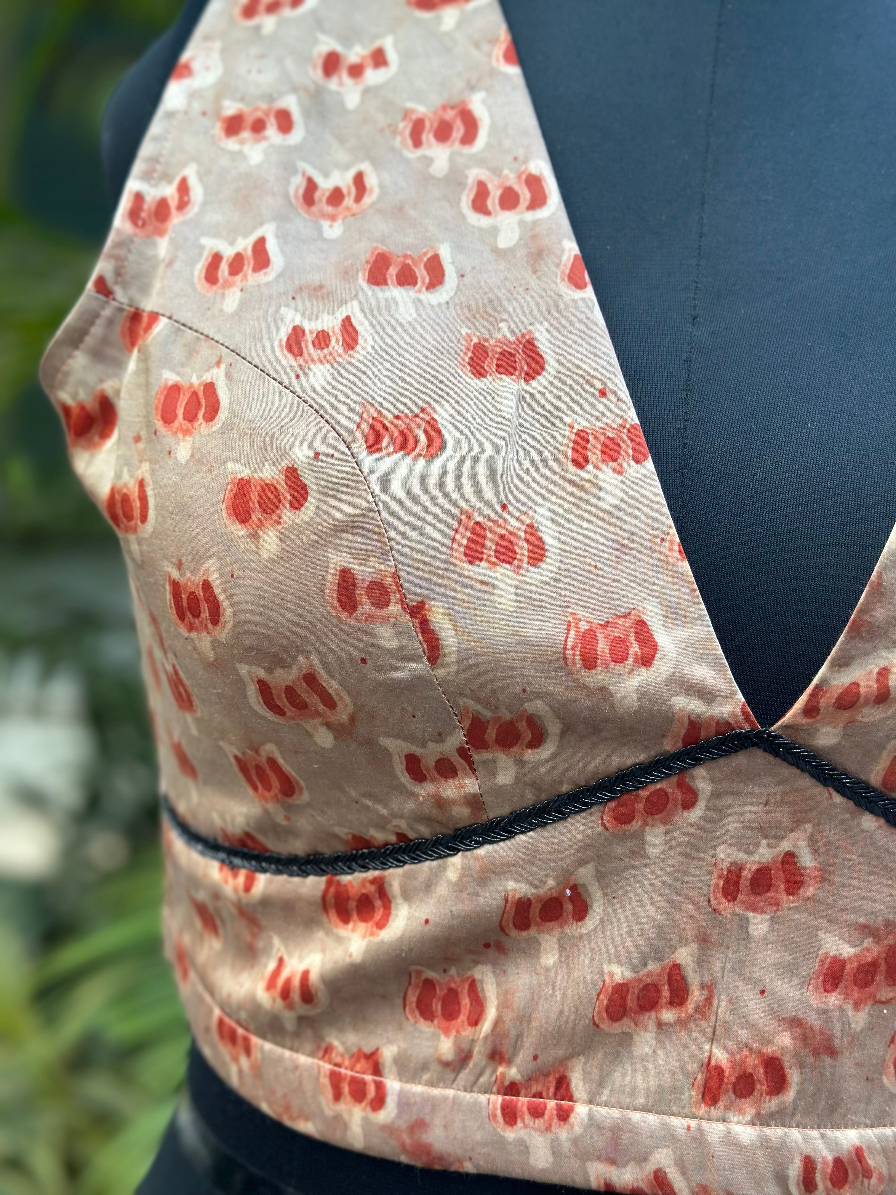 Rust-terracotta lotus motifs vanaspati handblock printed modal satin deep neck blouse