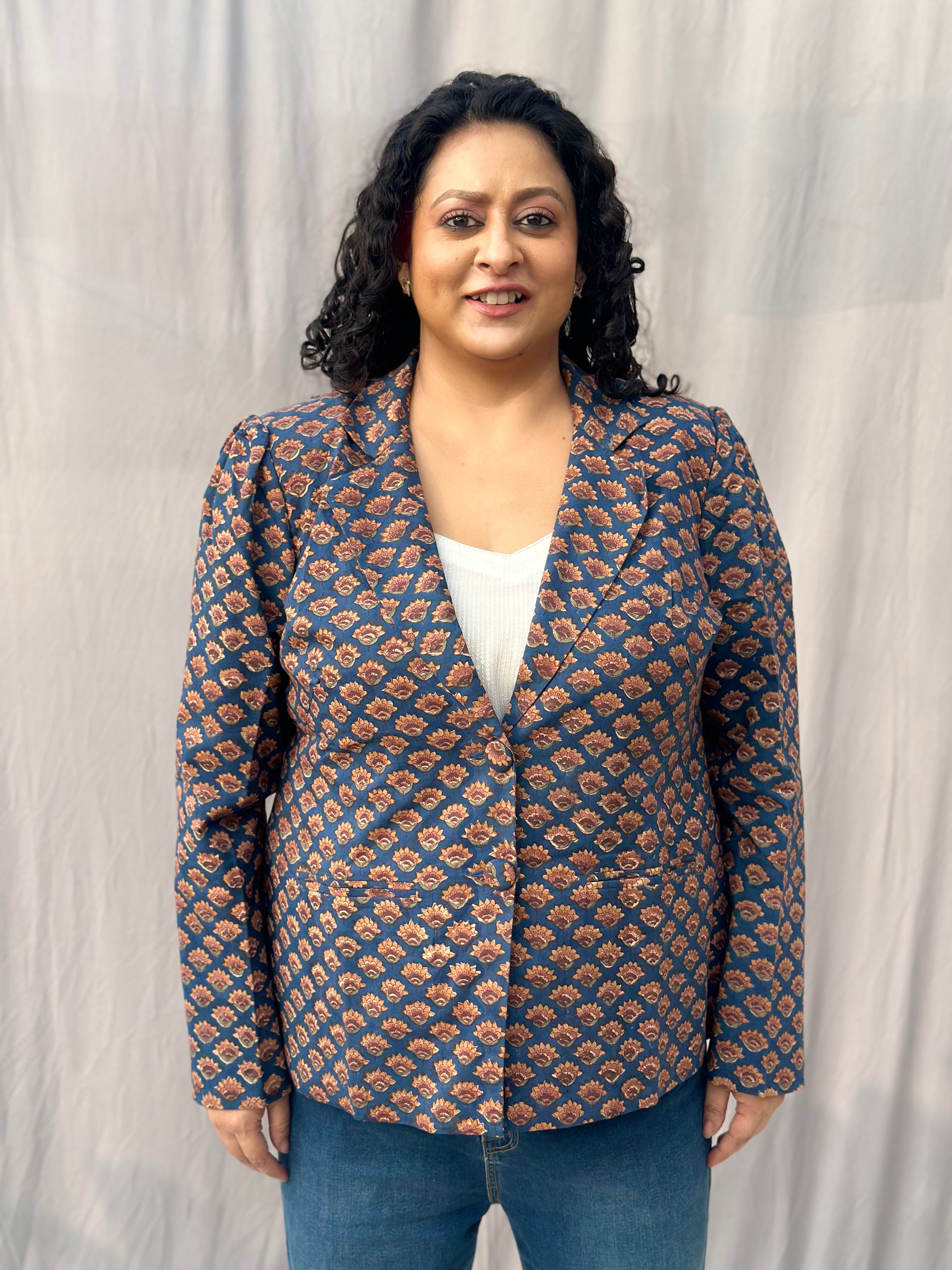 Rust & Royal Blazer- Sea Green Sanganeri Booti Handblock Print Cotton Blazer