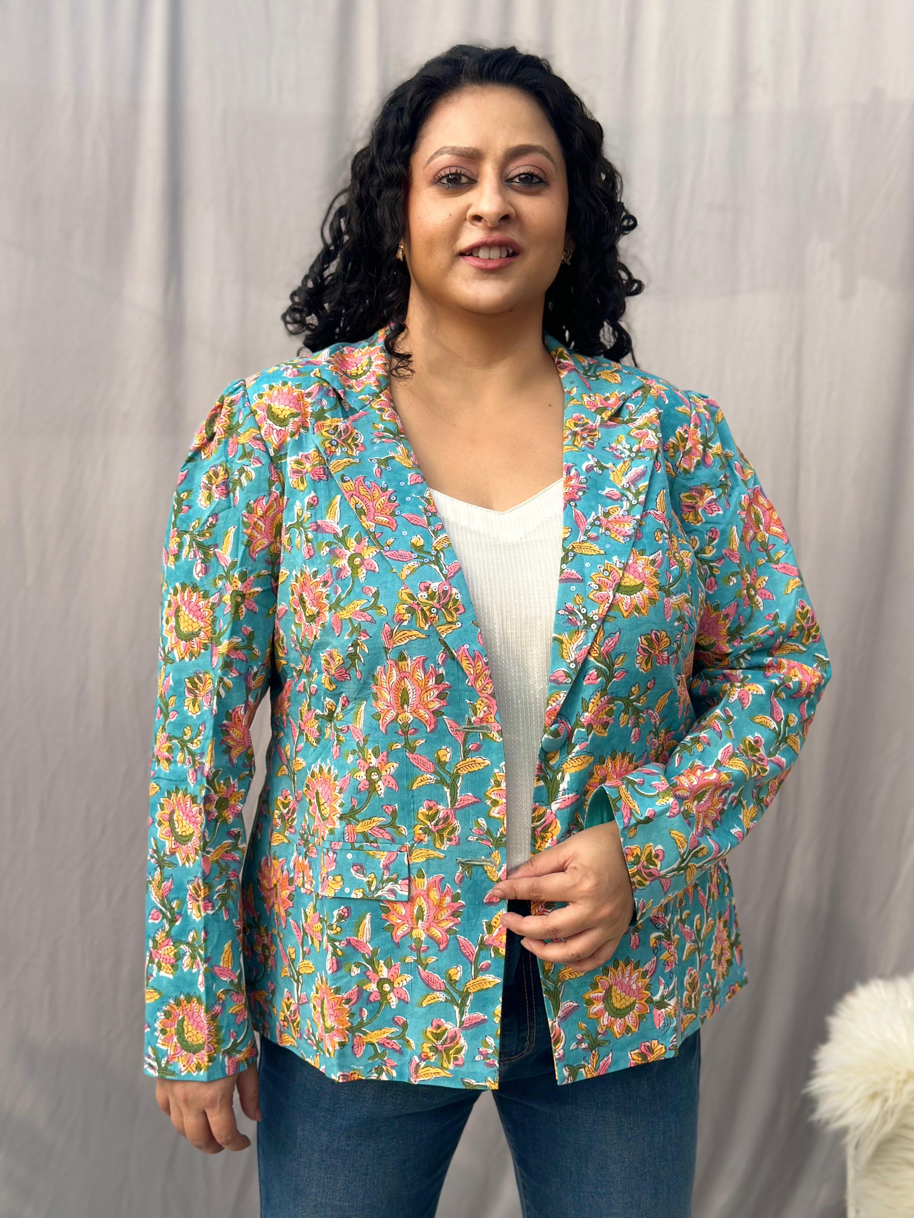 Chic in Full Bloom - Blue with Yellow Sanganeri Floral Handblock Print Cotton Blazer