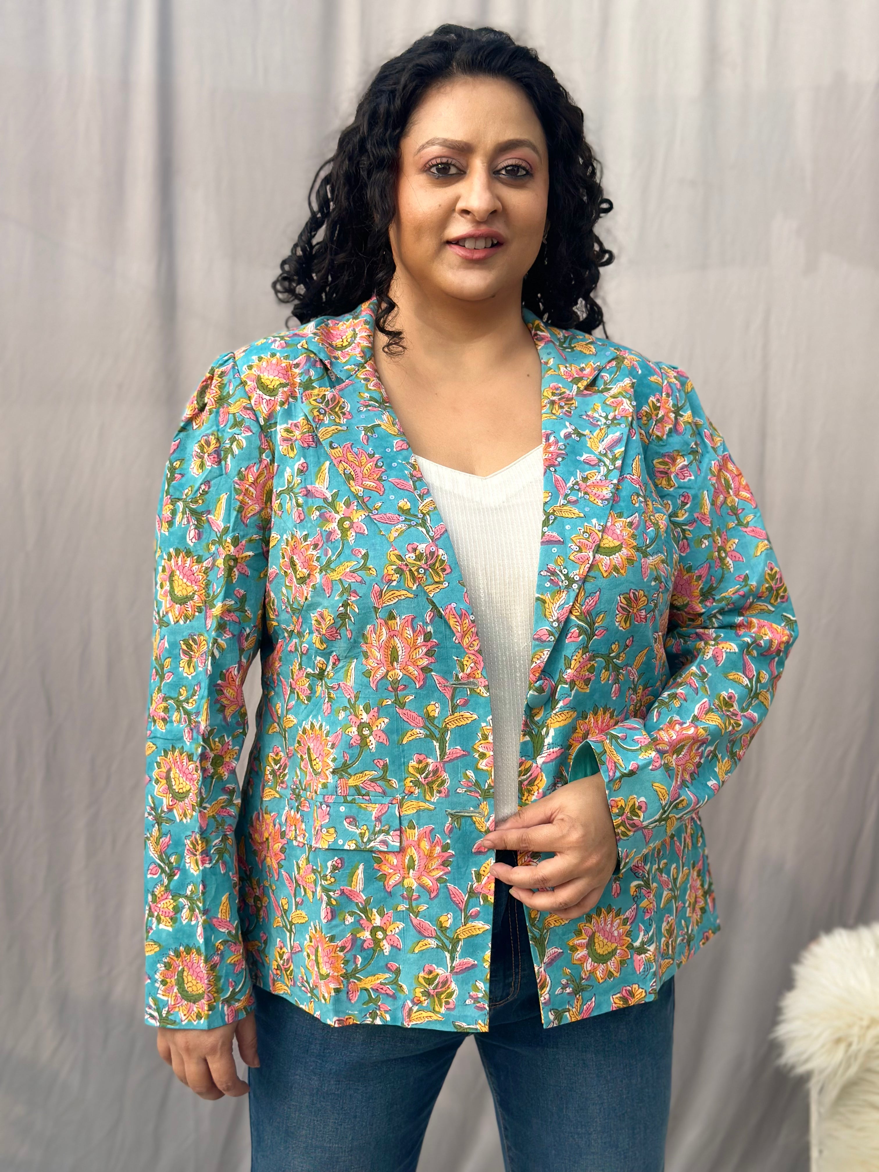 Chic in Full Bloom - Blue with Yellow Sanganeri Floral Handblock Print Cotton Blazer