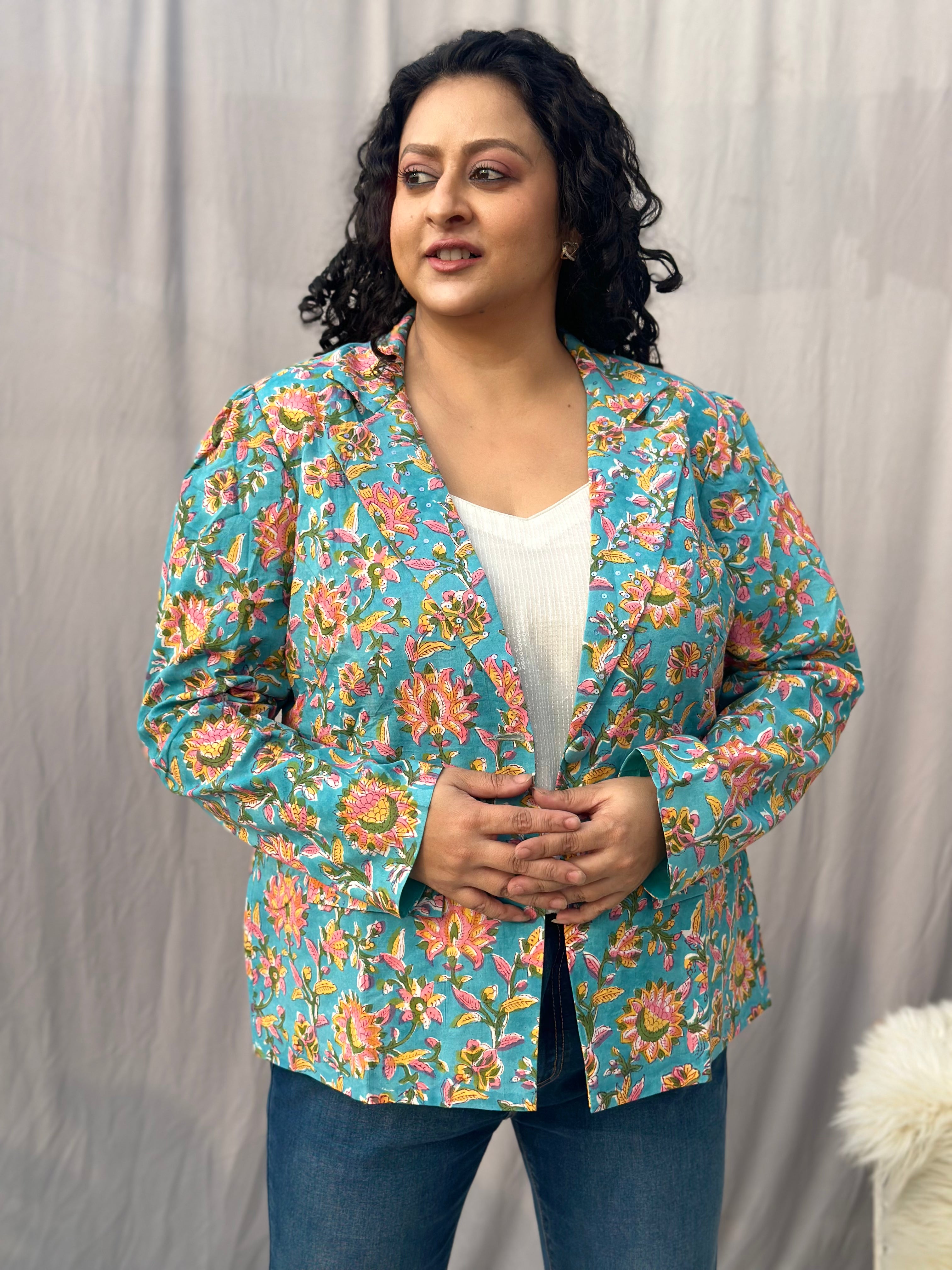 Chic in Full Bloom - Blue with Yellow Sanganeri Floral Handblock Print Cotton Blazer