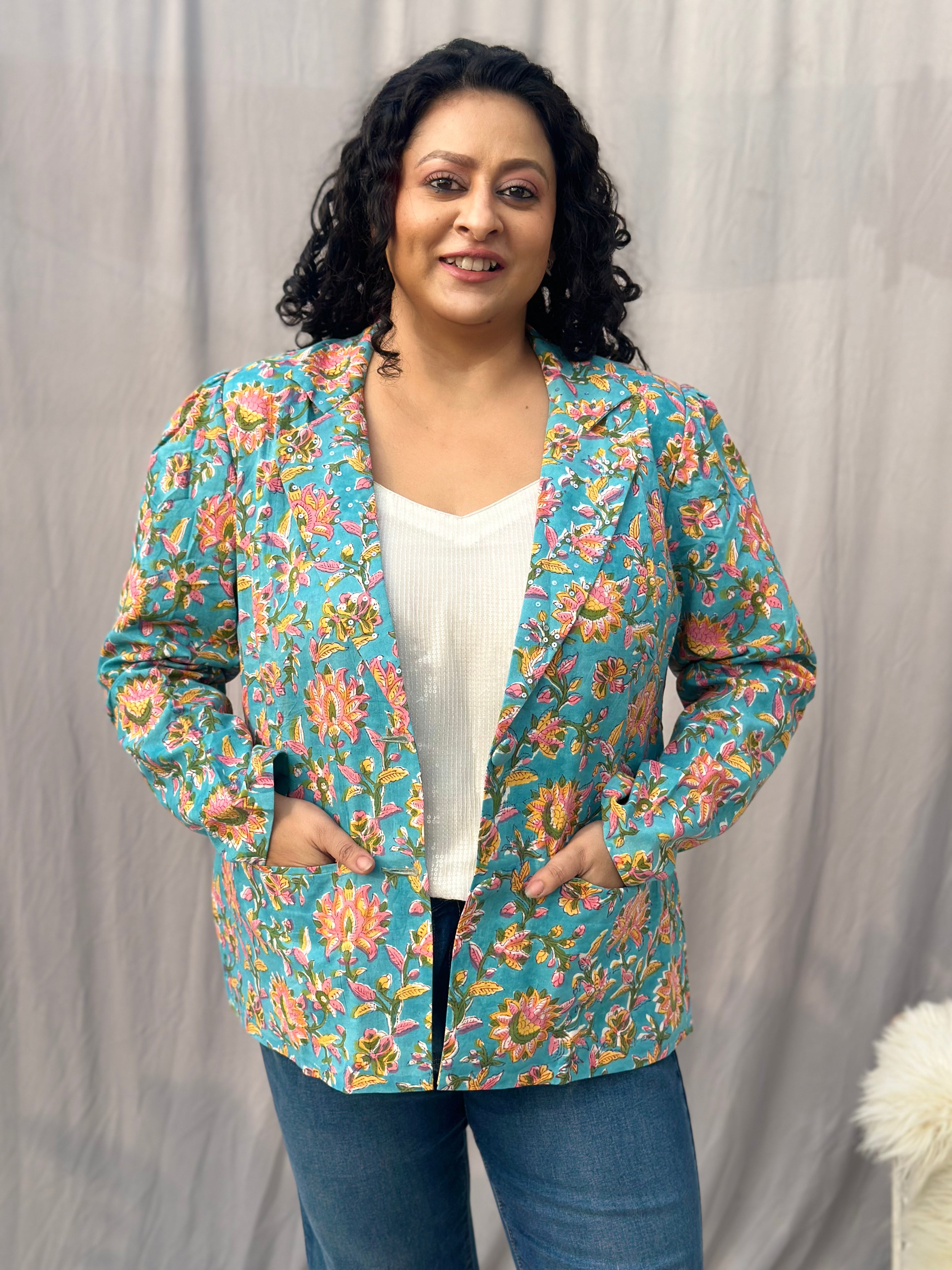 Chic in Full Bloom - Blue with Yellow Sanganeri Floral Handblock Print Cotton Blazer