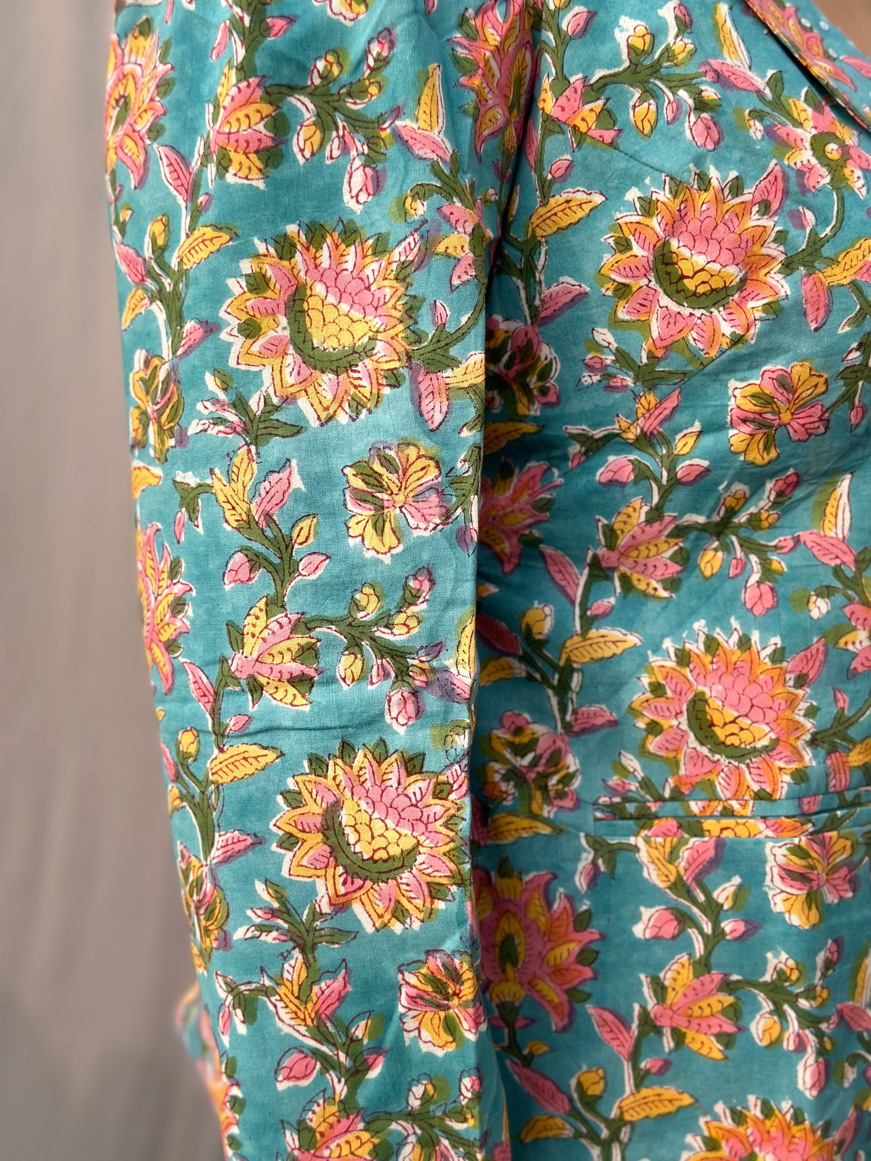 Chic in Full Bloom - Blue with Yellow Sanganeri Floral Handblock Print Cotton Blazer