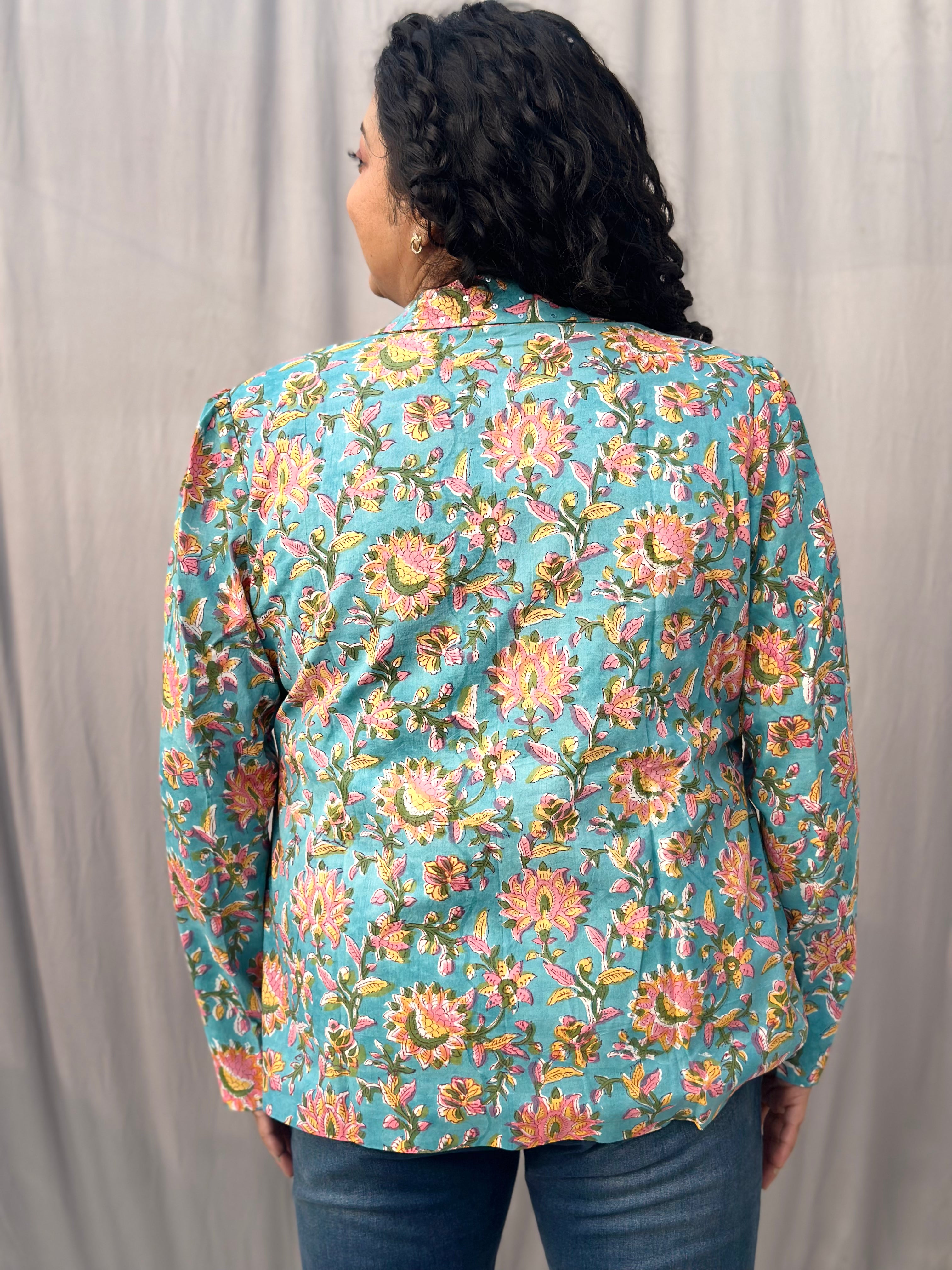 Chic in Full Bloom - Blue with Yellow Sanganeri Floral Handblock Print Cotton Blazer