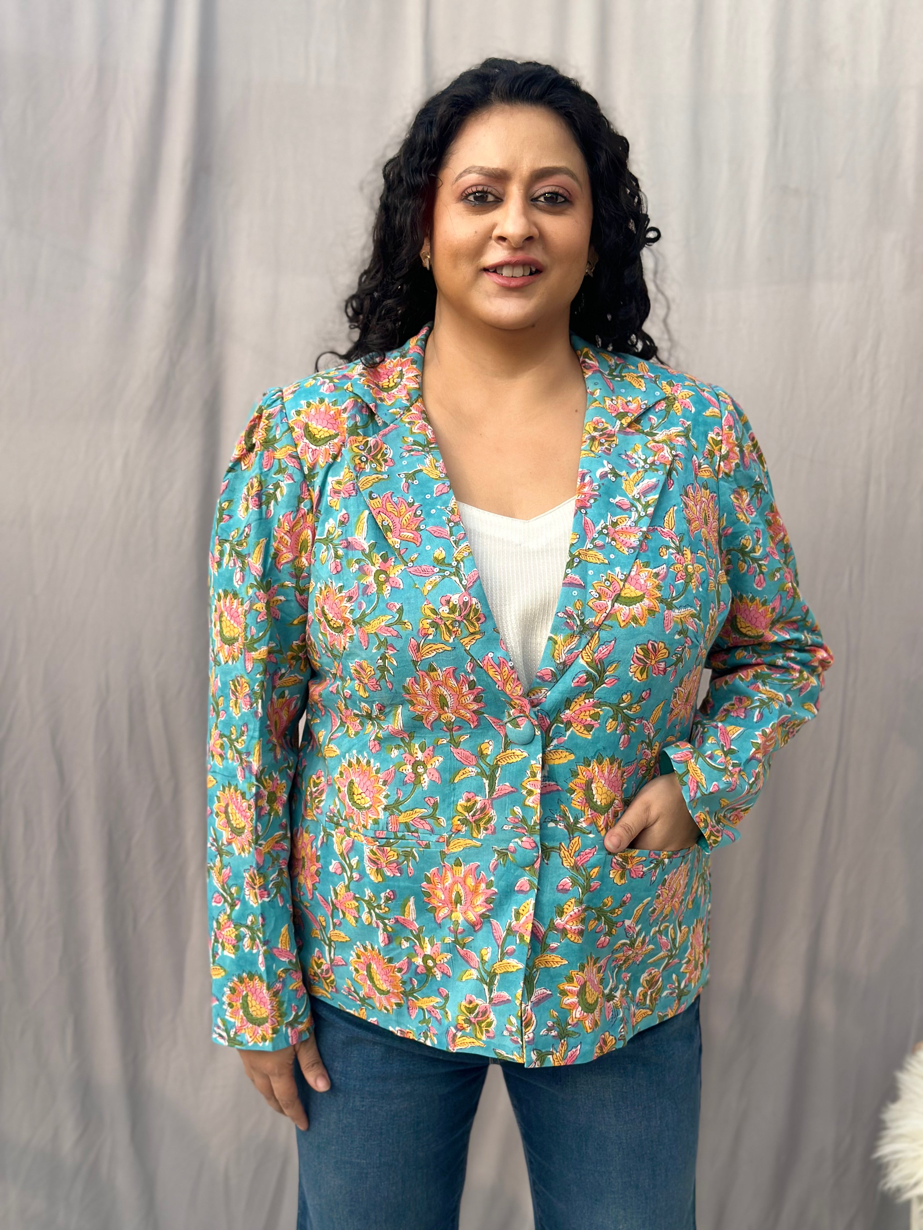 Chic in Full Bloom - Blue with Yellow Sanganeri Floral Handblock Print Cotton Blazer