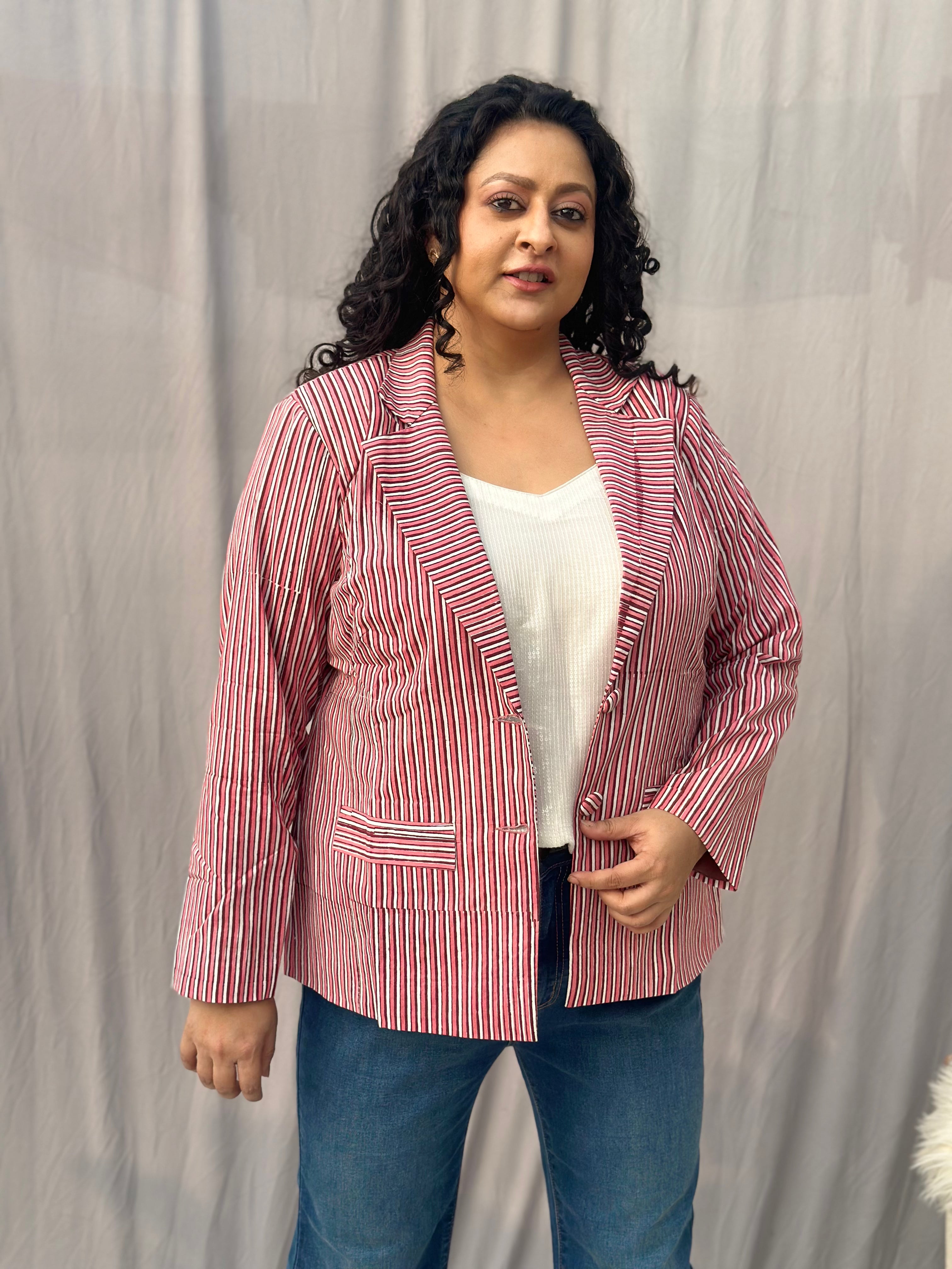 Maritime Rouge Blazer- Peach Dabu Stripe Handblock Print Cotton Blazer