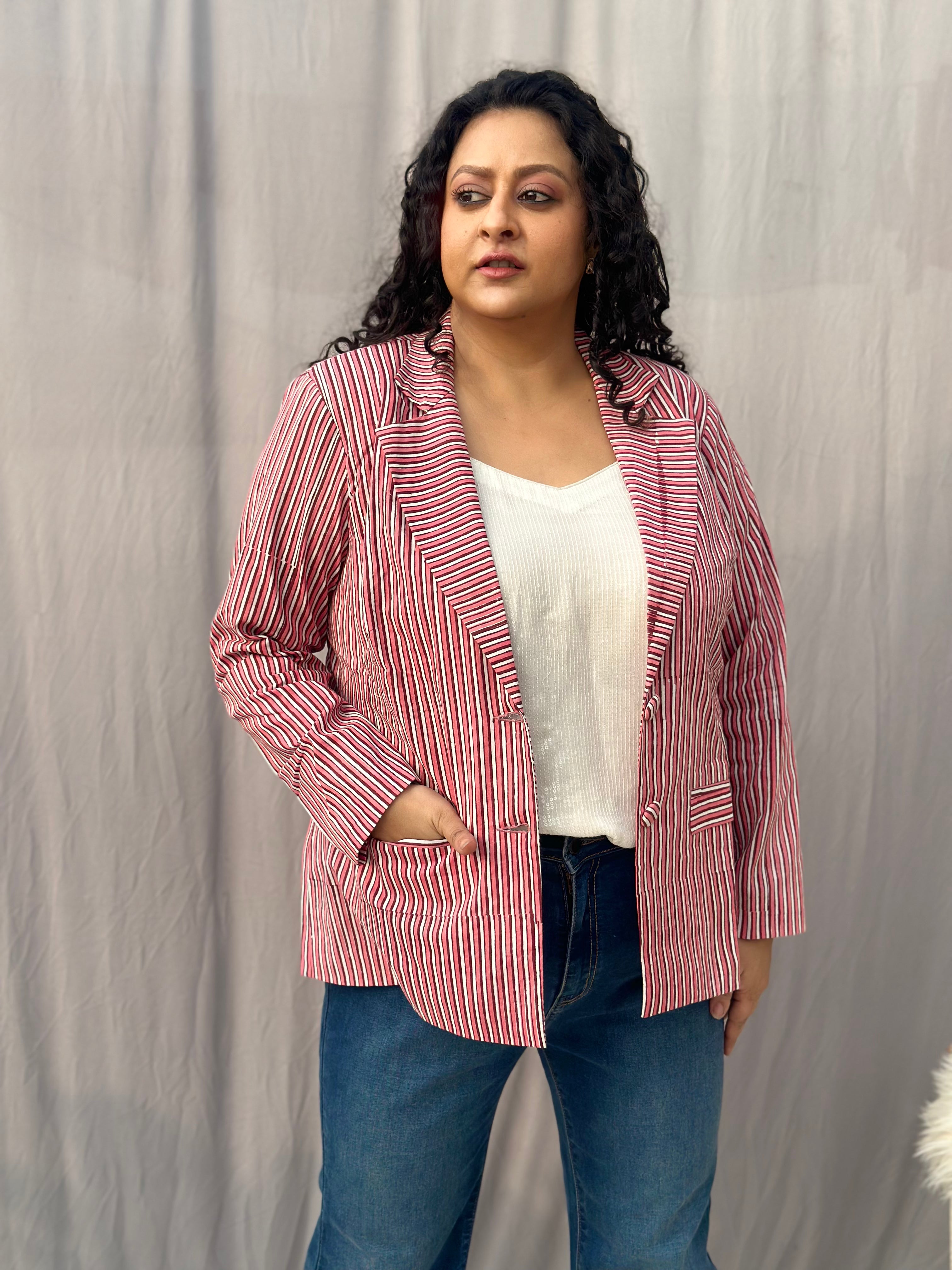 Maritime Rouge Blazer- Peach Dabu Stripe Handblock Print Cotton Blazer