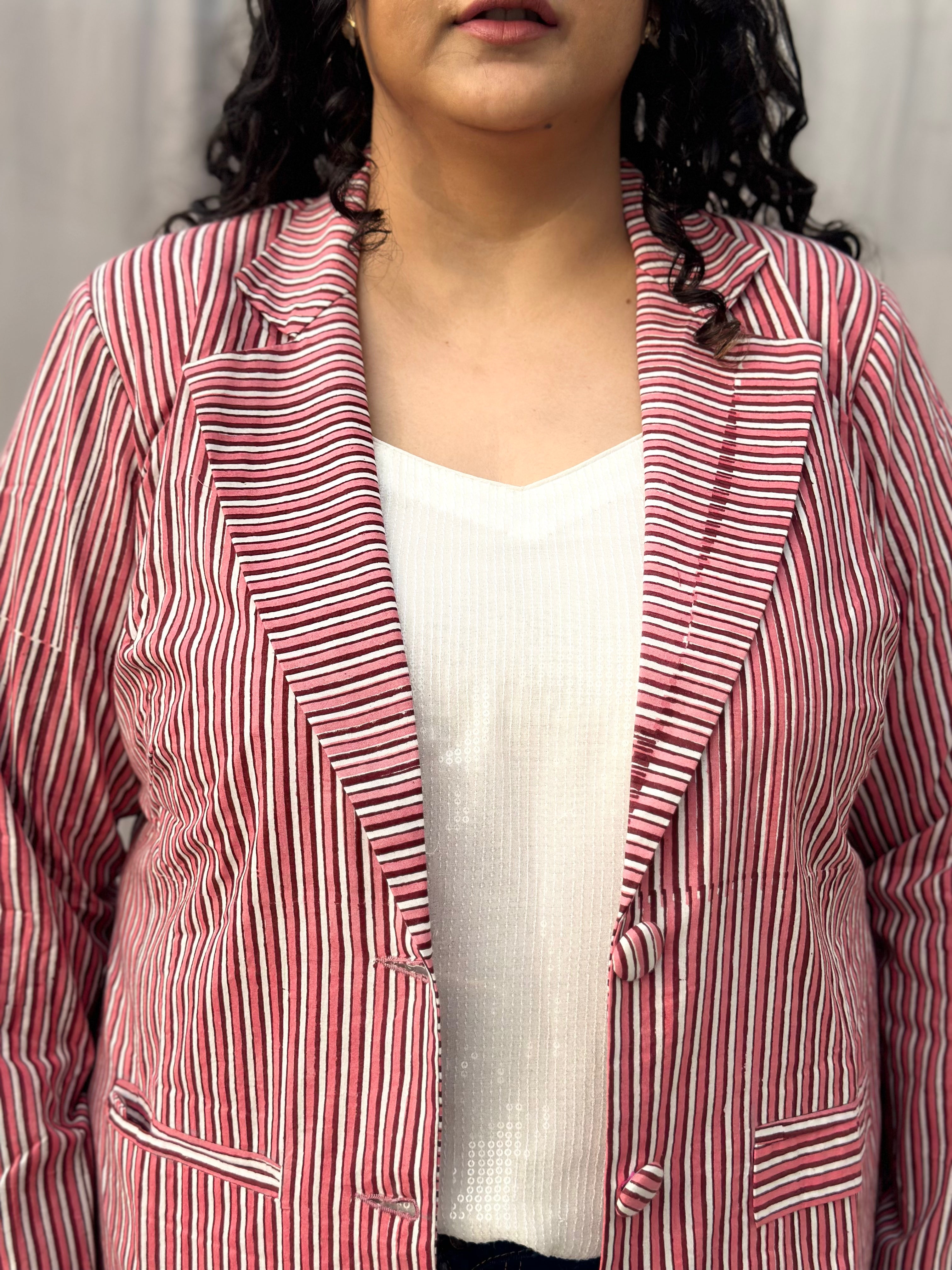 Maritime Rouge Blazer- Peach Dabu Stripe Handblock Print Cotton Blazer
