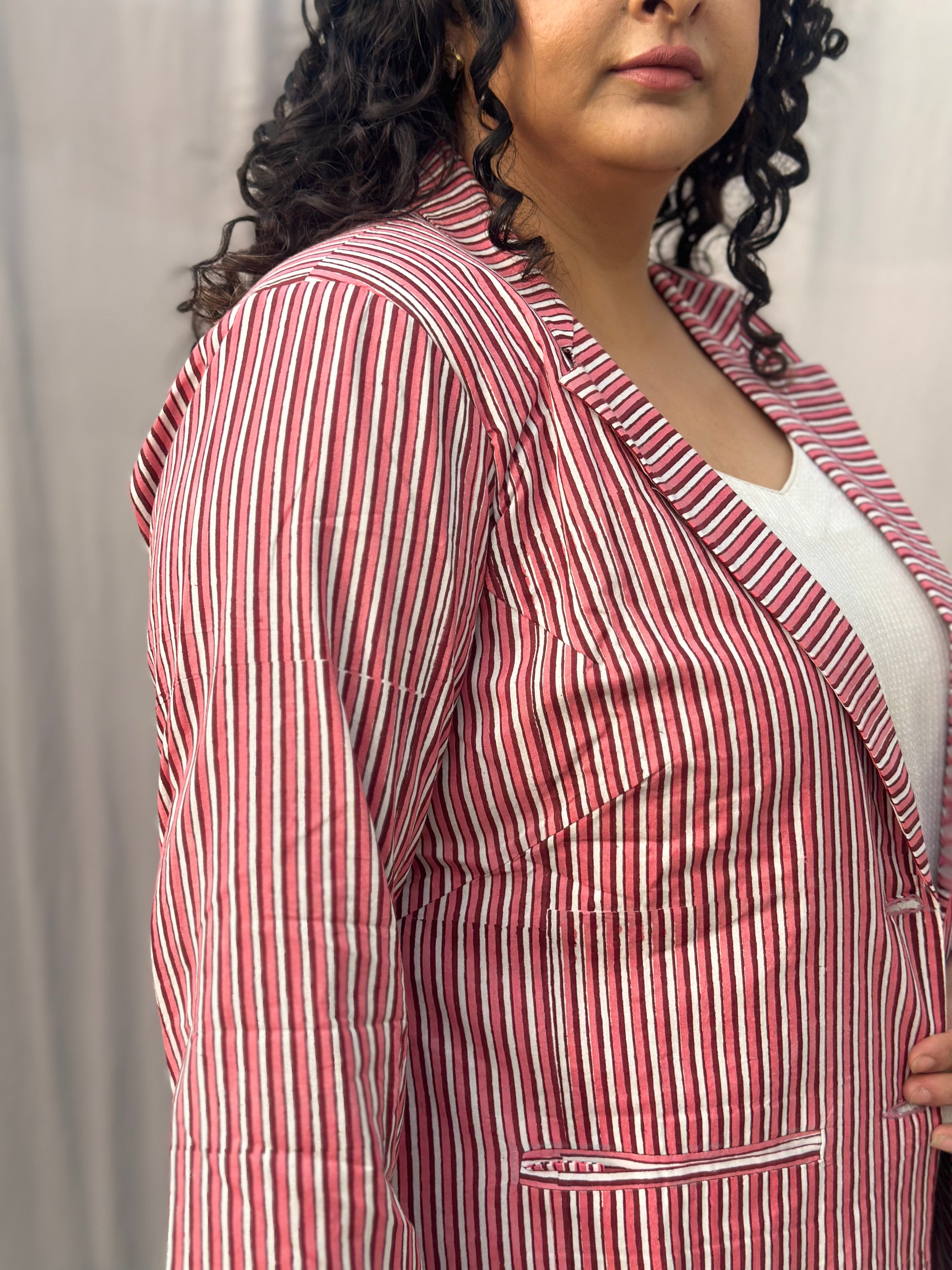 Maritime Rouge Blazer- Peach Dabu Stripe Handblock Print Cotton Blazer