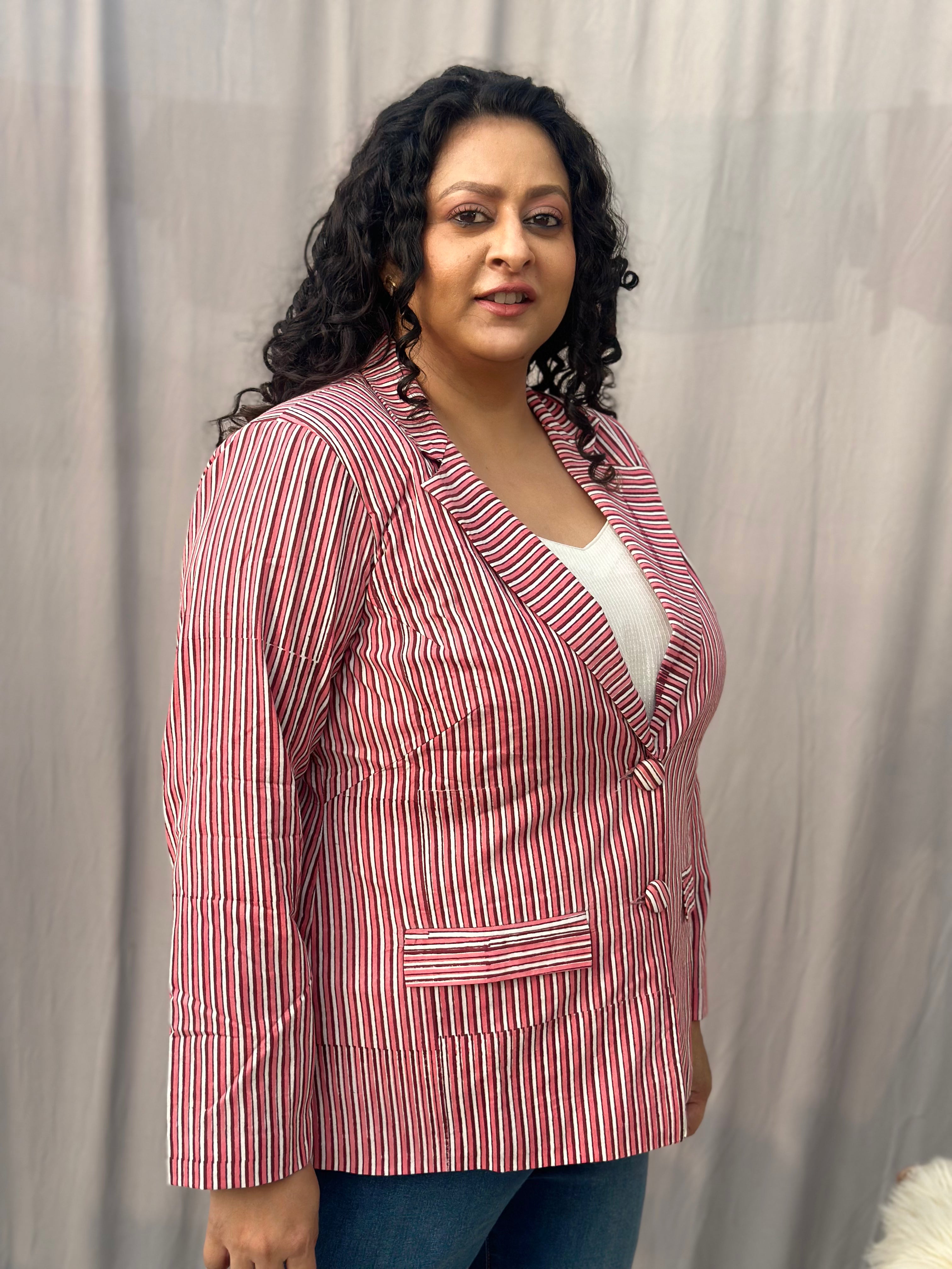 Maritime Rouge Blazer- Peach Dabu Stripe Handblock Print Cotton Blazer