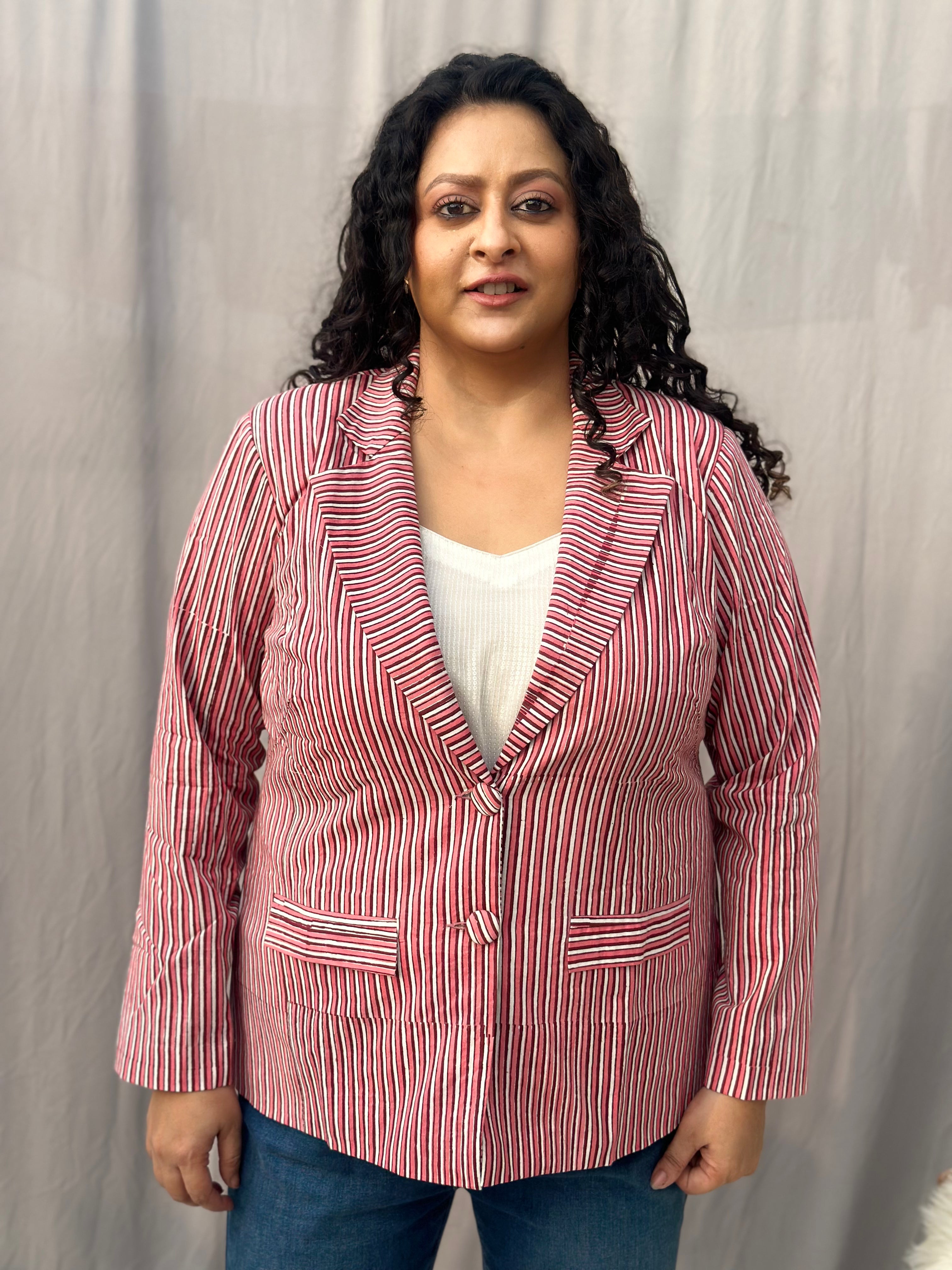 Maritime Rouge Blazer- Peach Dabu Stripe Handblock Print Cotton Blazer