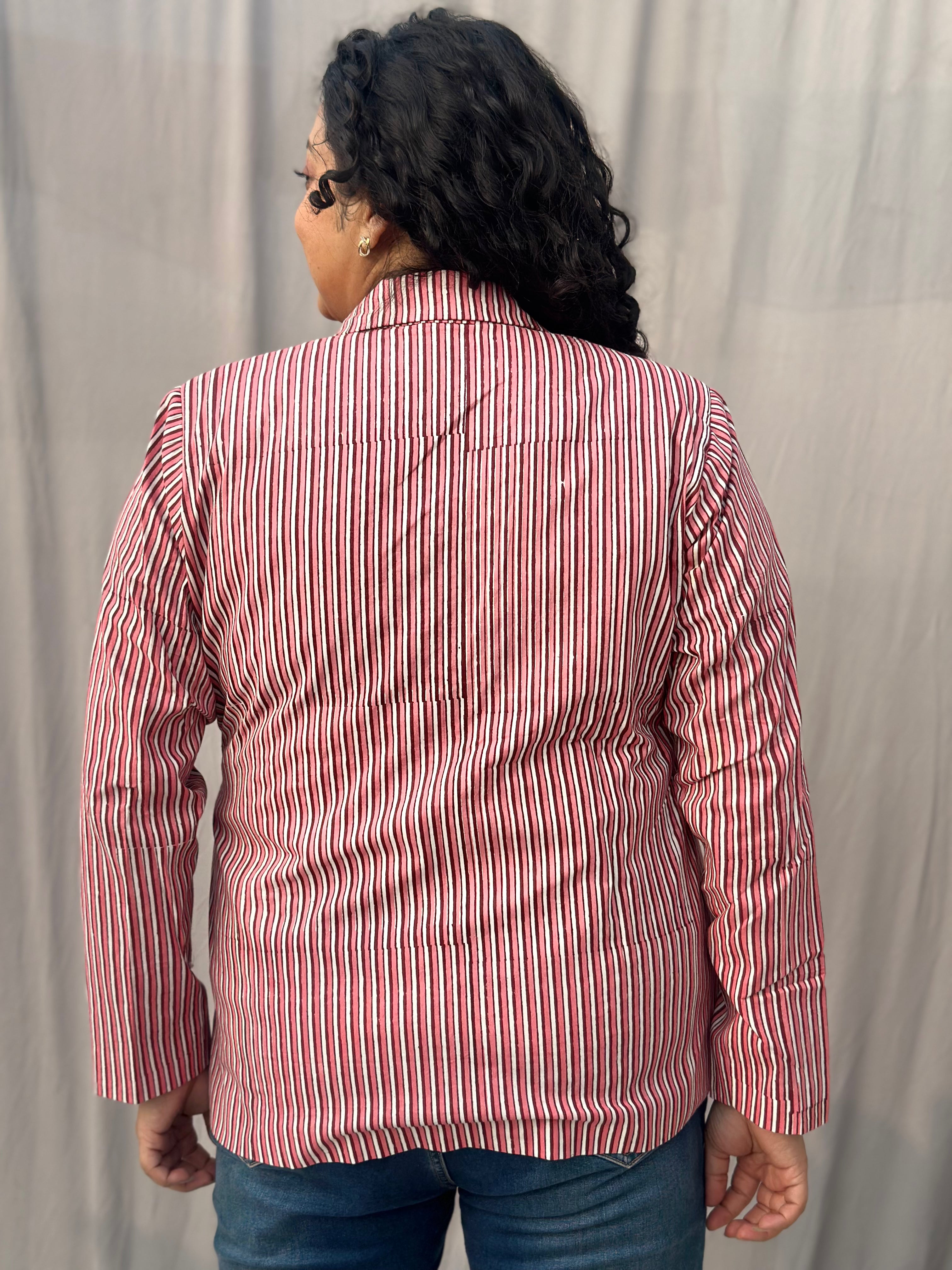 Maritime Rouge Blazer- Peach Dabu Stripe Handblock Print Cotton Blazer