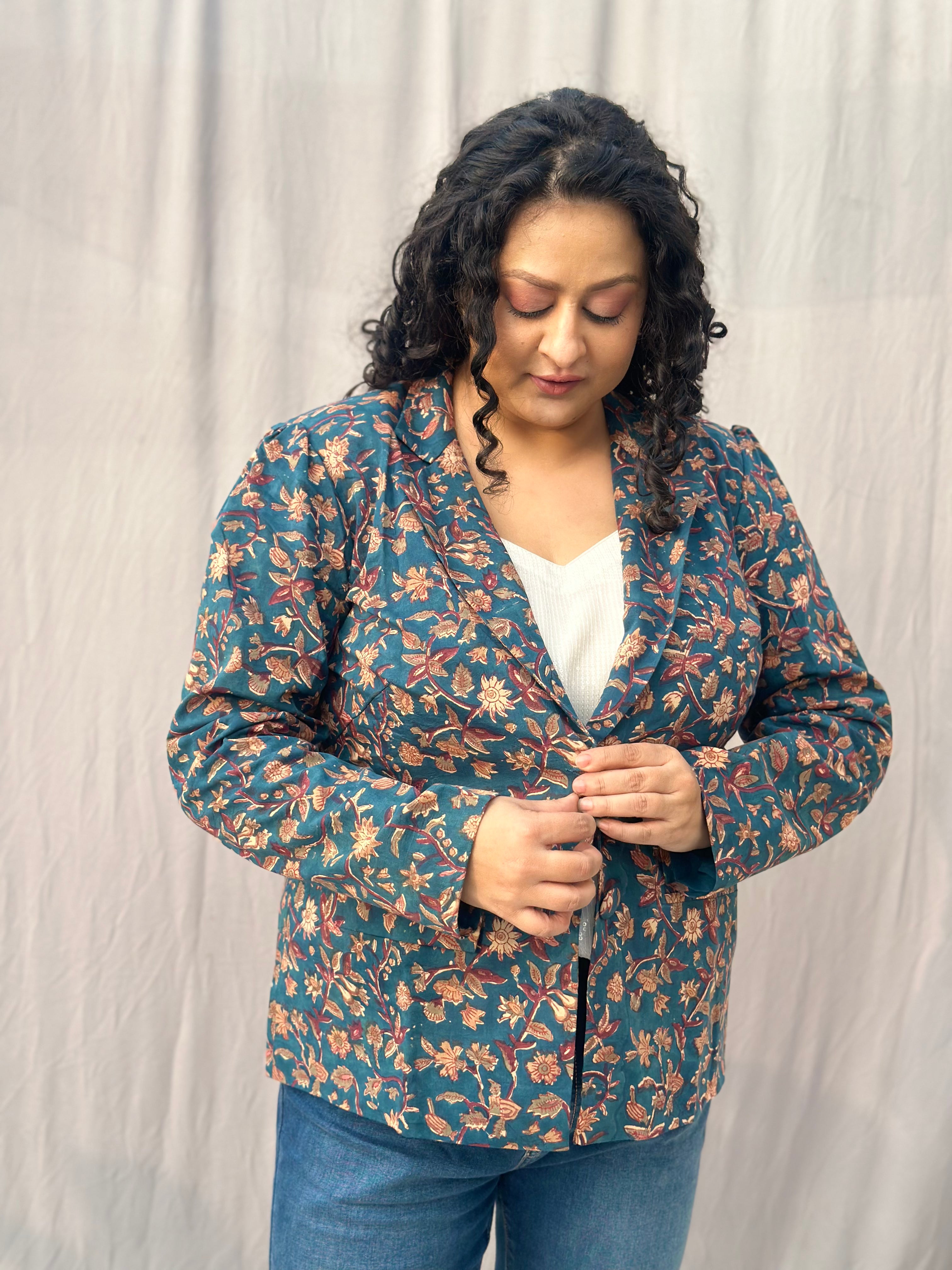 Heritage Petal Jacket- Sea Green Sanganeri Floral Handblock Print Cotton Blazer