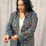 Sea Green Sanganeri Floral Handblock Print Cotton Blazer