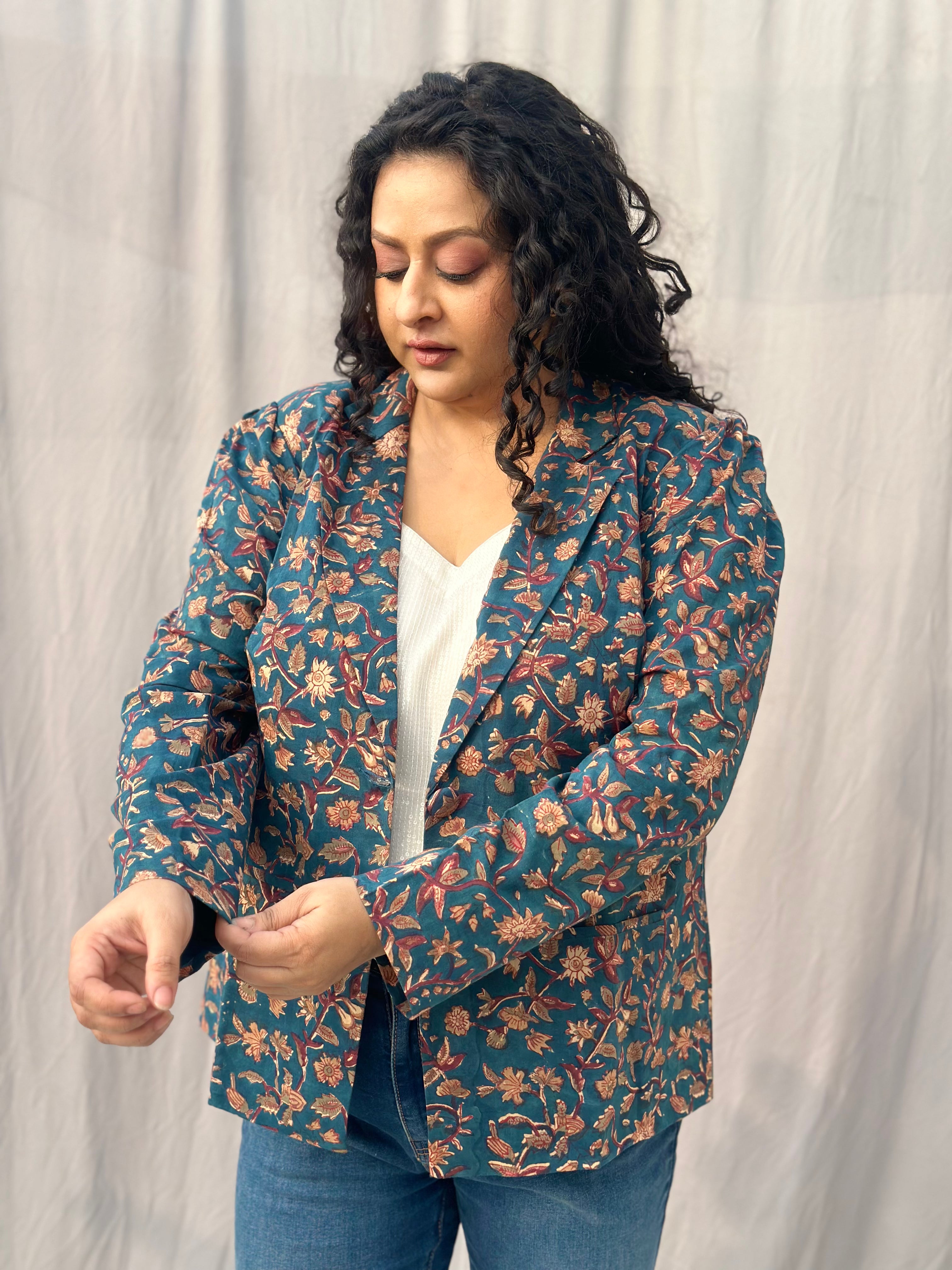 Heritage Petal Jacket- Sea Green Sanganeri Floral Handblock Print Cotton Blazer
