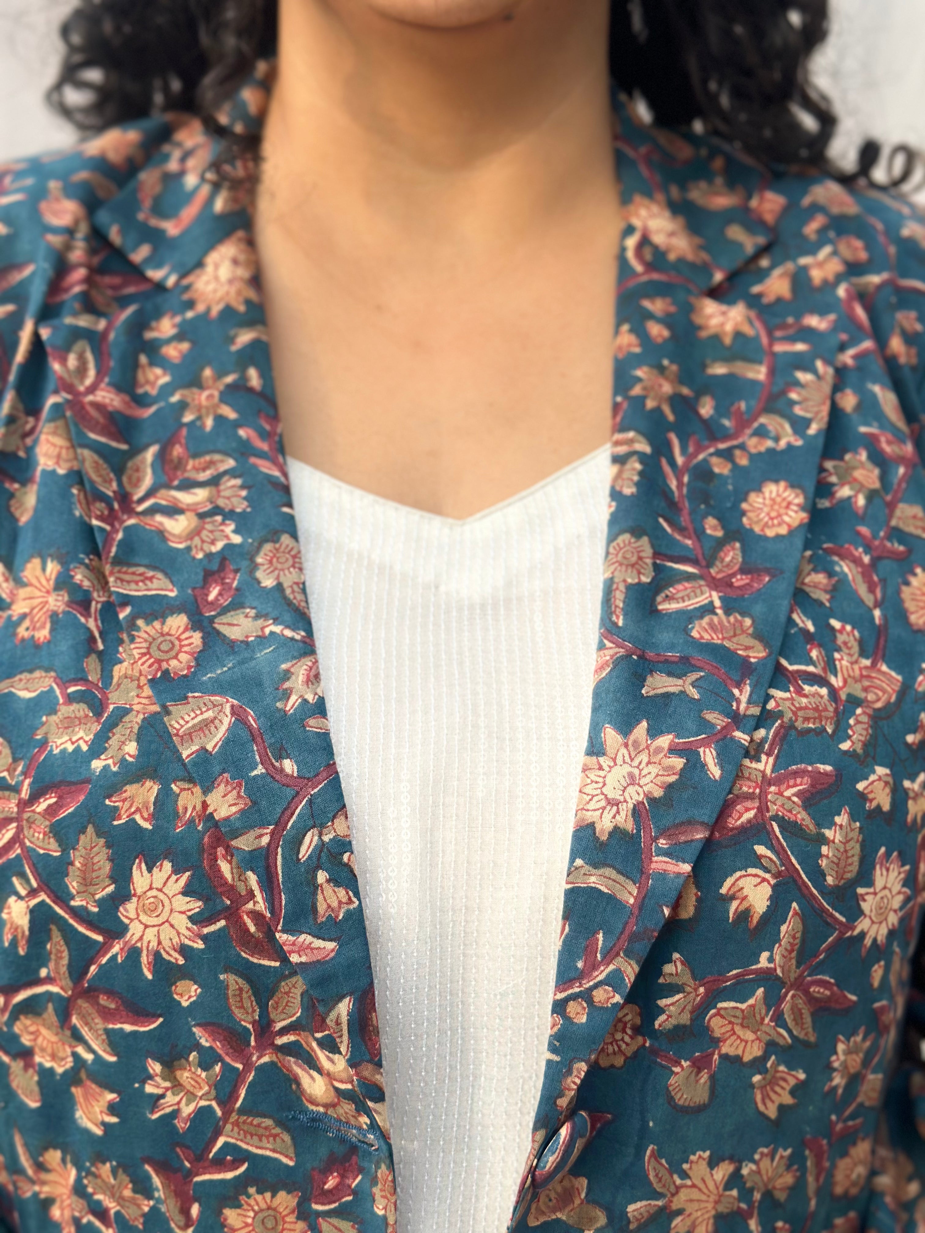 Heritage Petal Jacket- Sea Green Sanganeri Floral Handblock Print Cotton Blazer