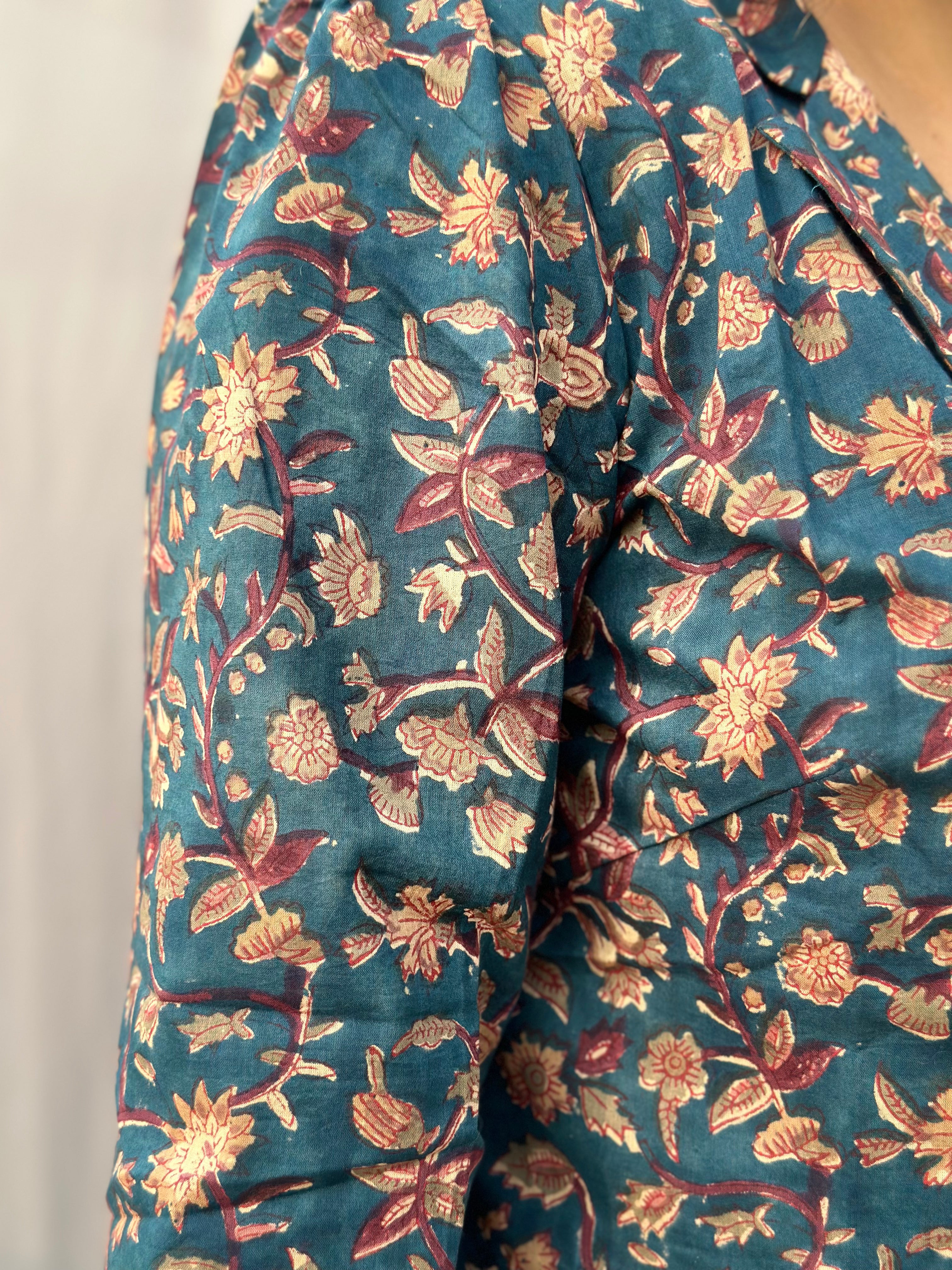 Heritage Petal Jacket- Sea Green Sanganeri Floral Handblock Print Cotton Blazer