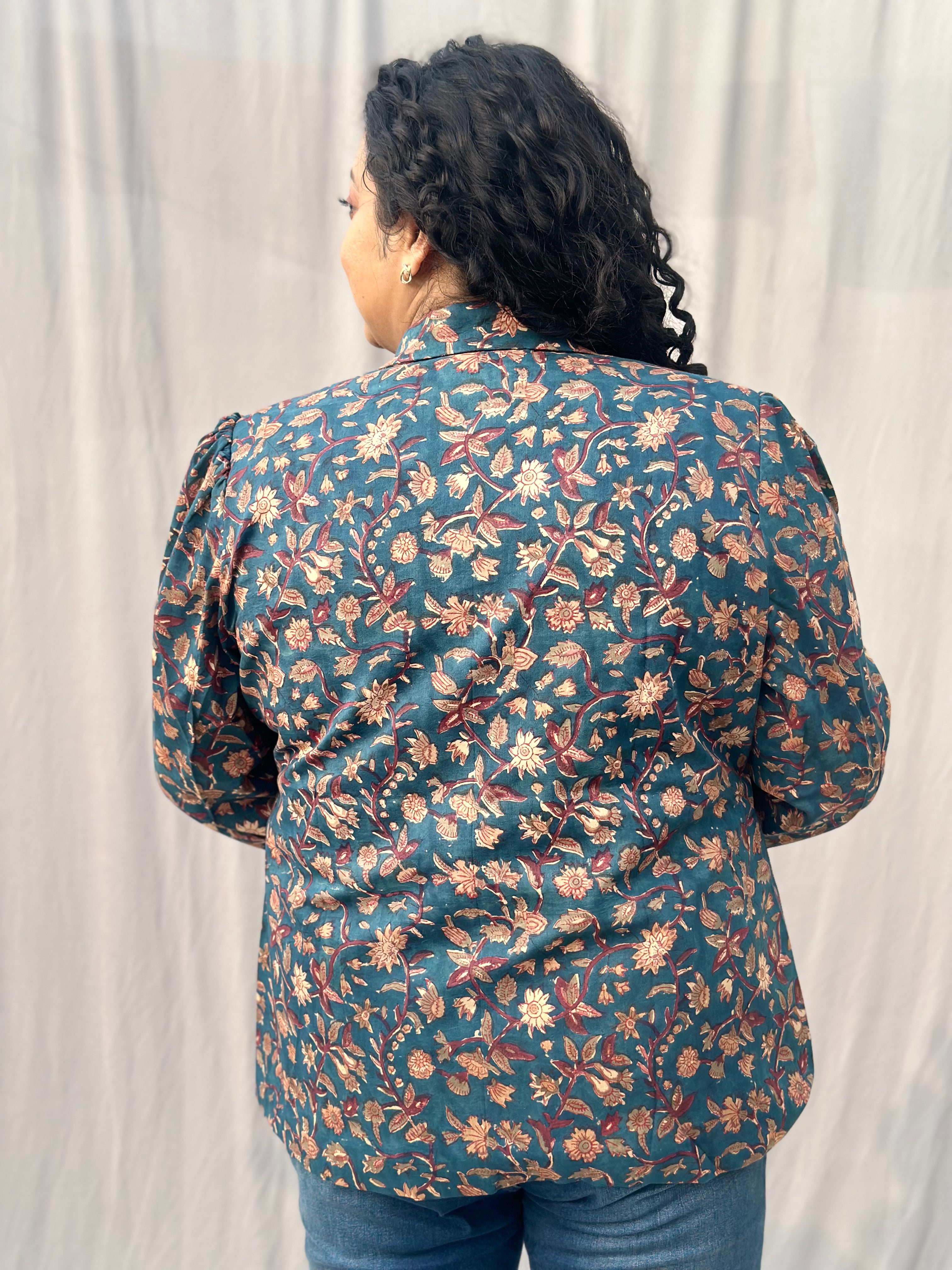 Heritage Petal Jacket- Sea Green Sanganeri Floral Handblock Print Cotton Blazer