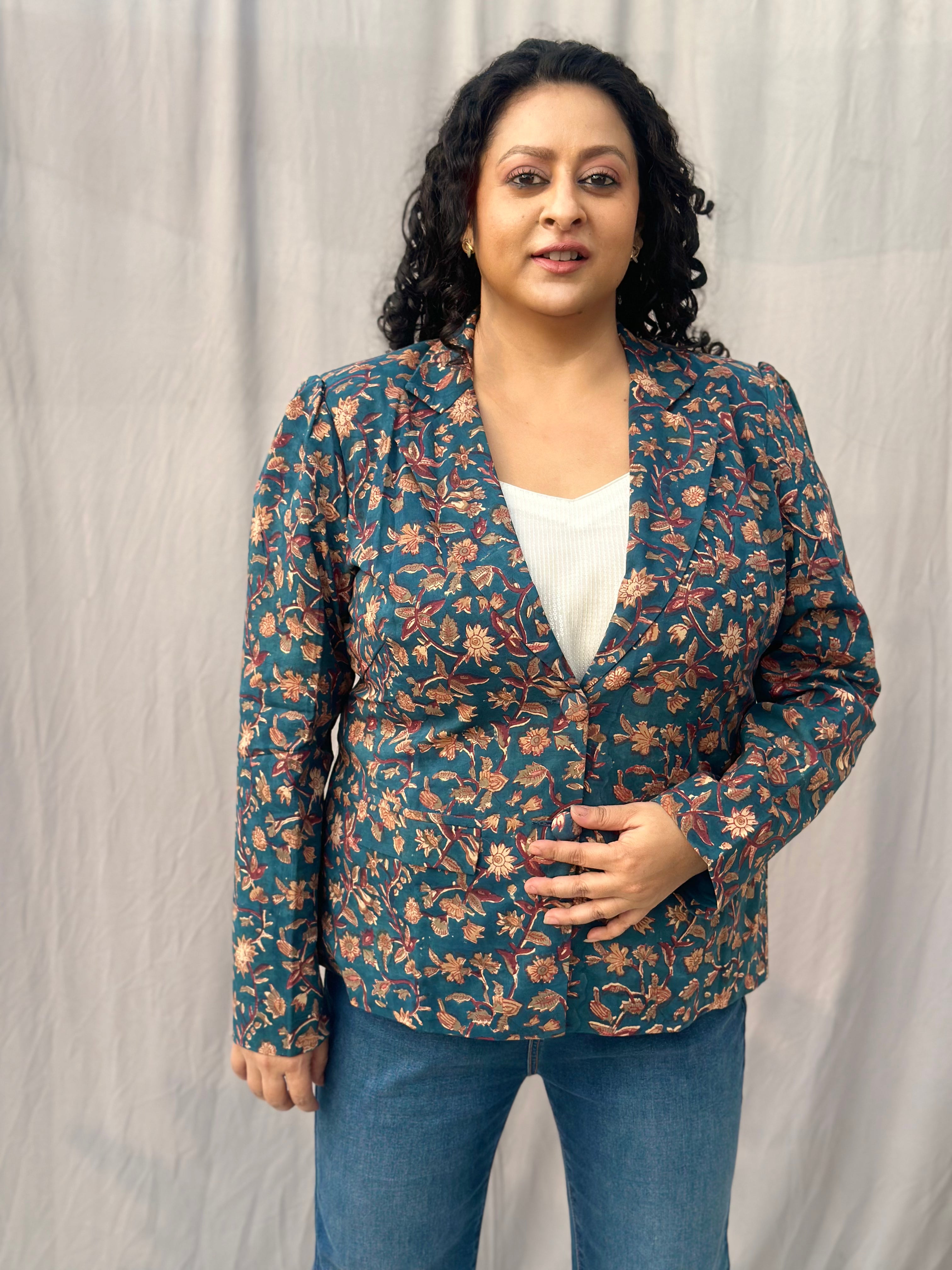 Heritage Petal Jacket- Sea Green Sanganeri Floral Handblock Print Cotton Blazer