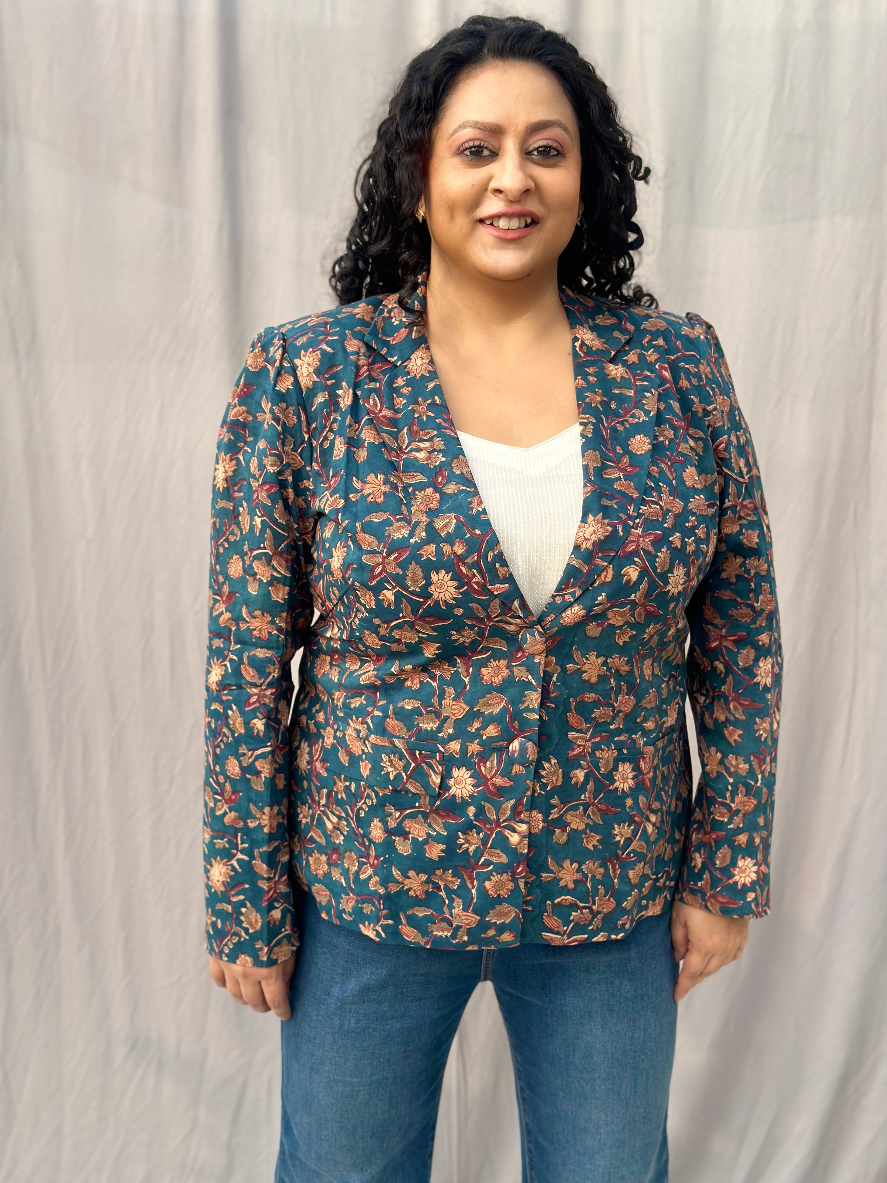 Heritage Petal Jacket- Sea Green Sanganeri Floral Handblock Print Cotton Blazer