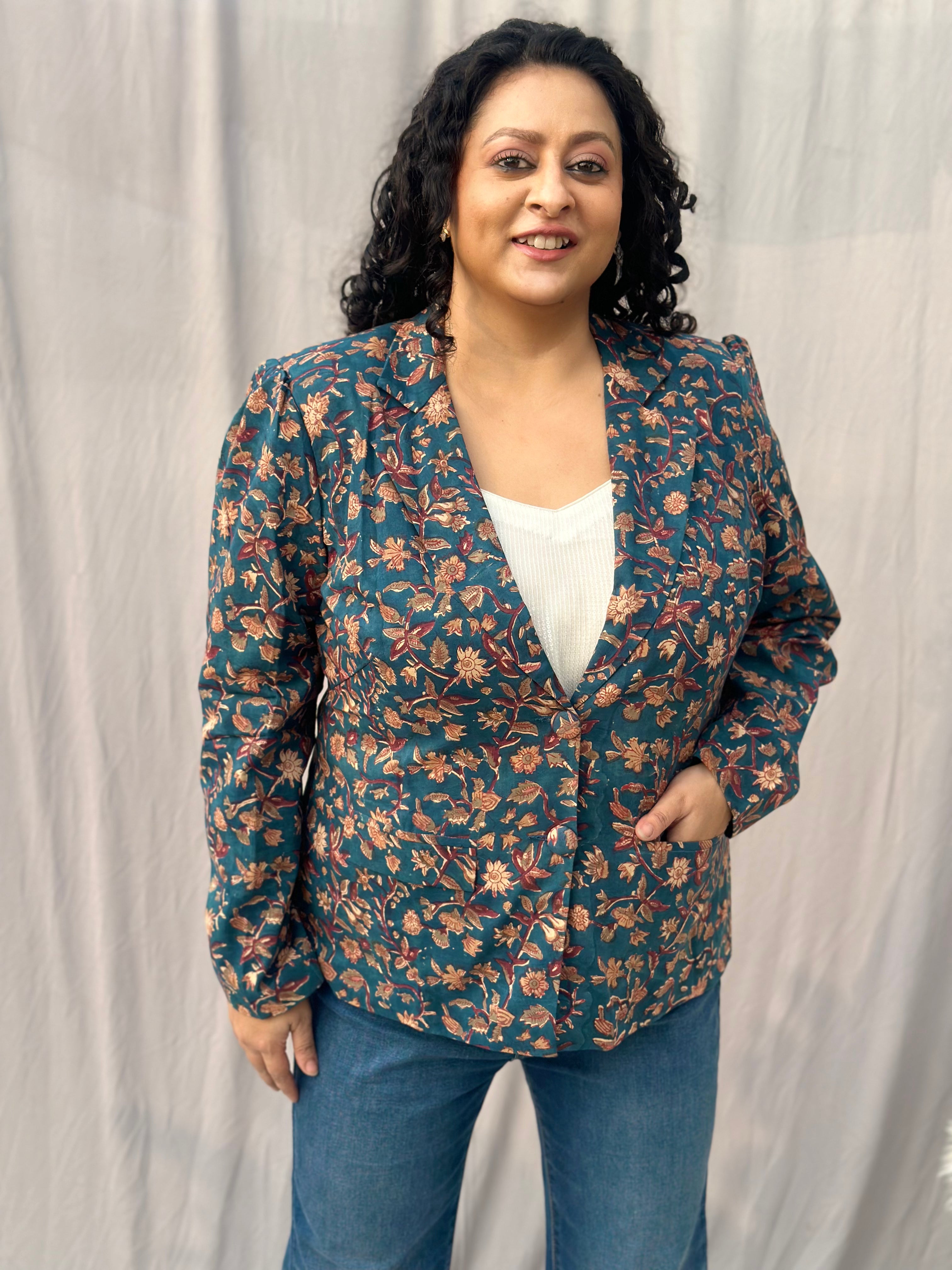 Heritage Petal Jacket- Sea Green Sanganeri Floral Handblock Print Cotton Blazer