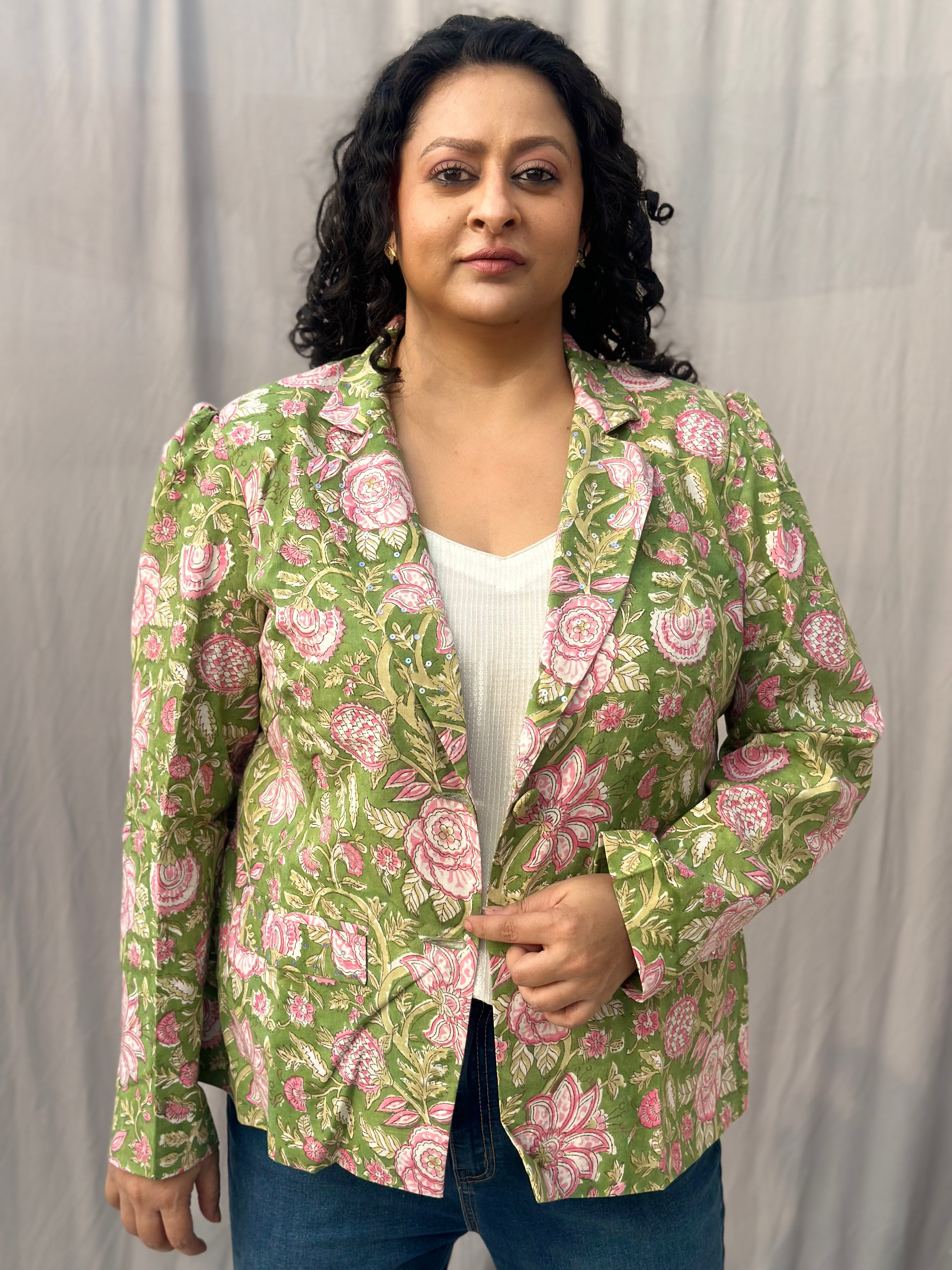 Spring Meadow Blazer- Green Sanganeri Floral Handblock Print Cotton Blazer