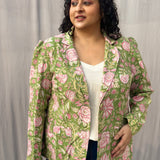 Green Sanganeri Floral Handblock Print Cotton Blazer