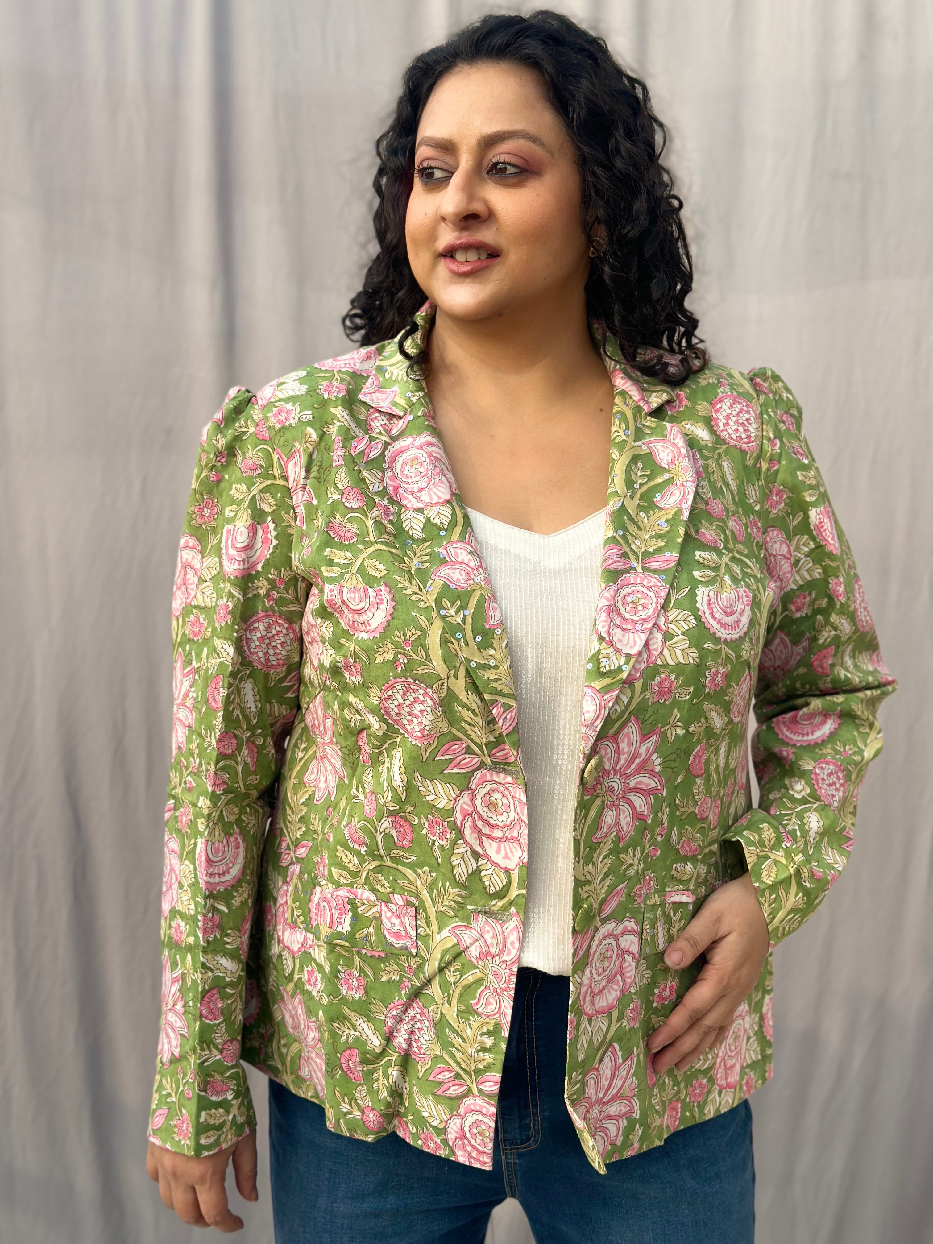 Spring Meadow Blazer- Green Sanganeri Floral Handblock Print Cotton Blazer