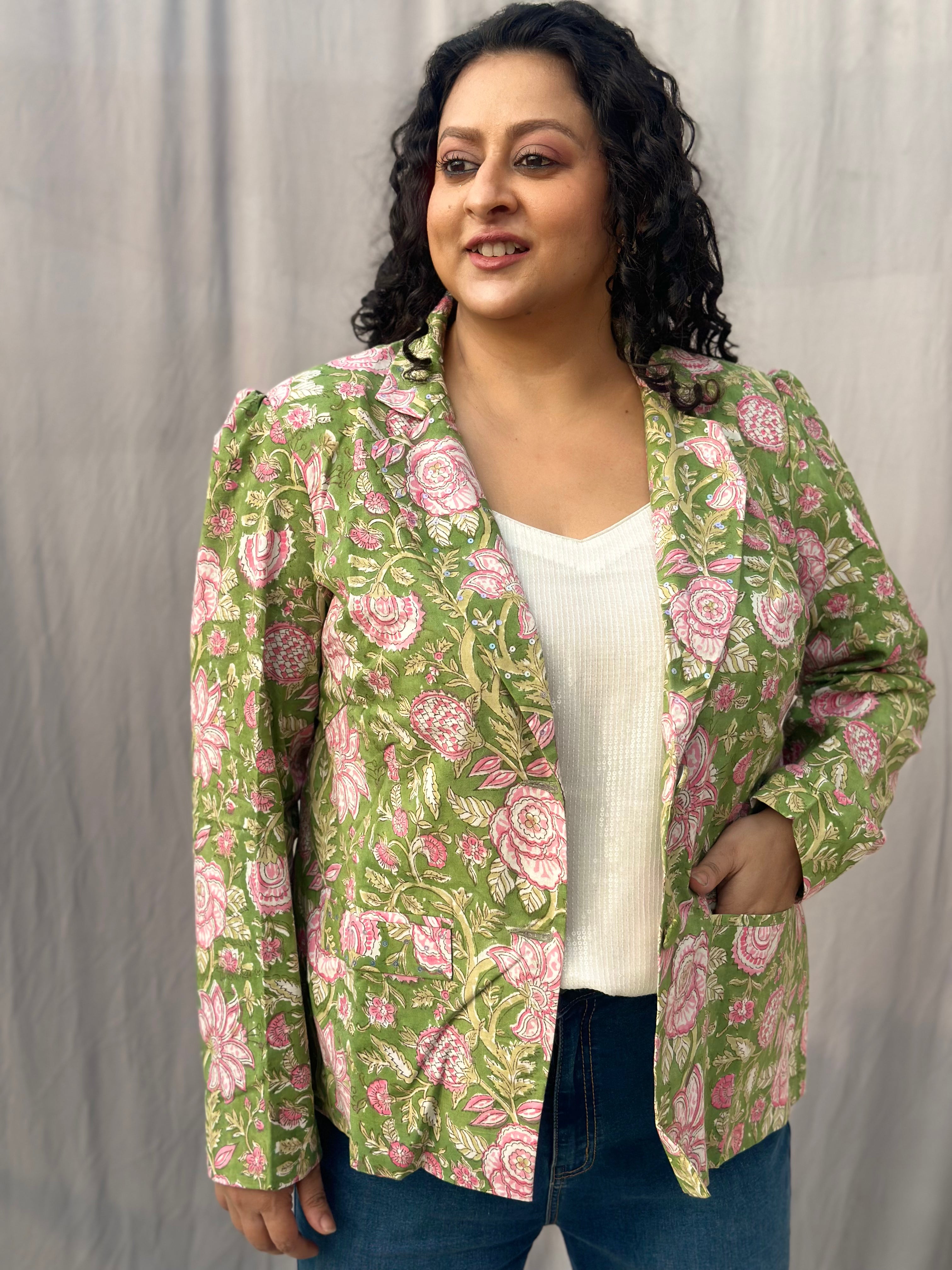 Spring Meadow Blazer- Green Sanganeri Floral Handblock Print Cotton Blazer