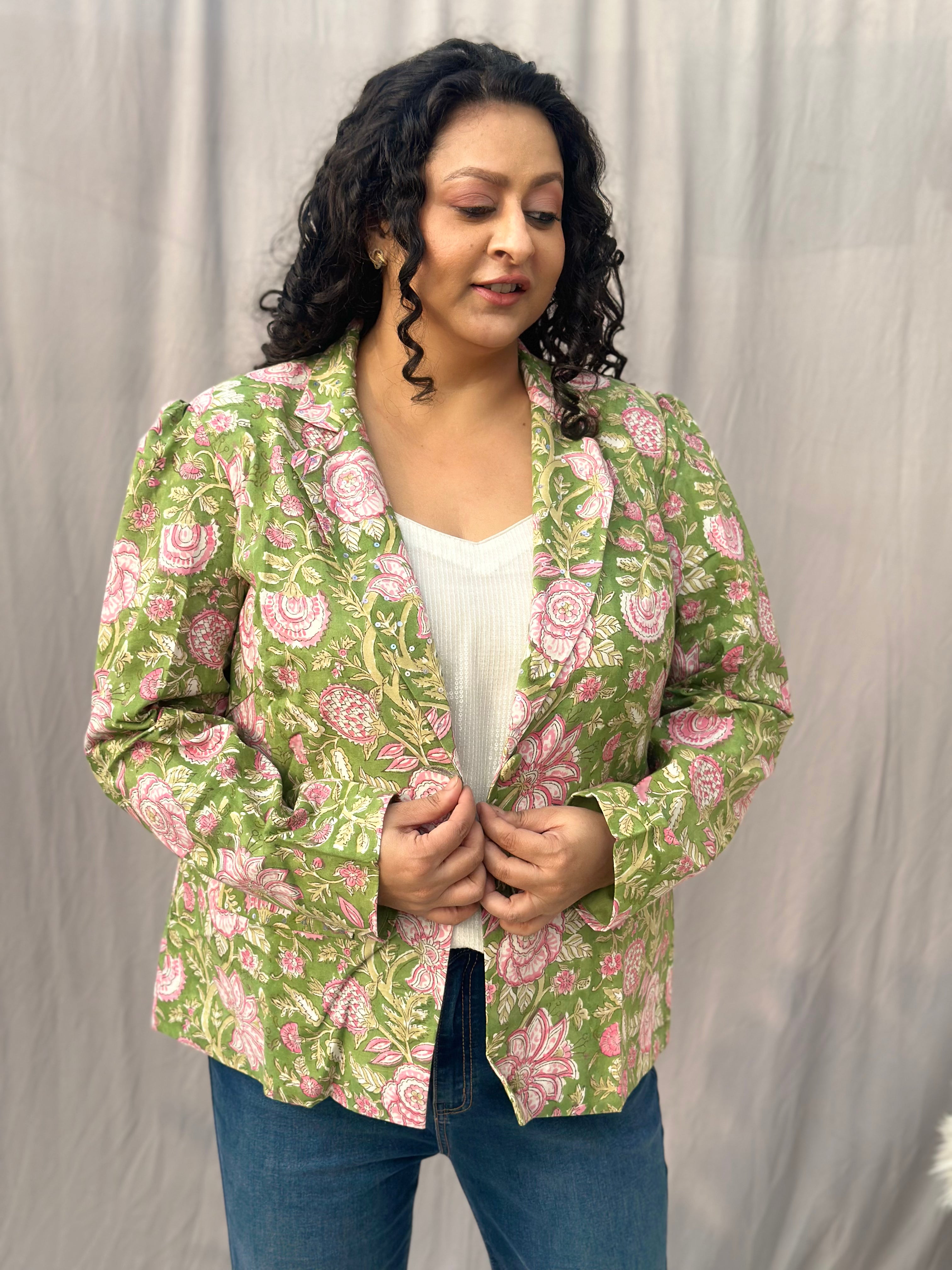 Spring Meadow Blazer- Green Sanganeri Floral Handblock Print Cotton Blazer