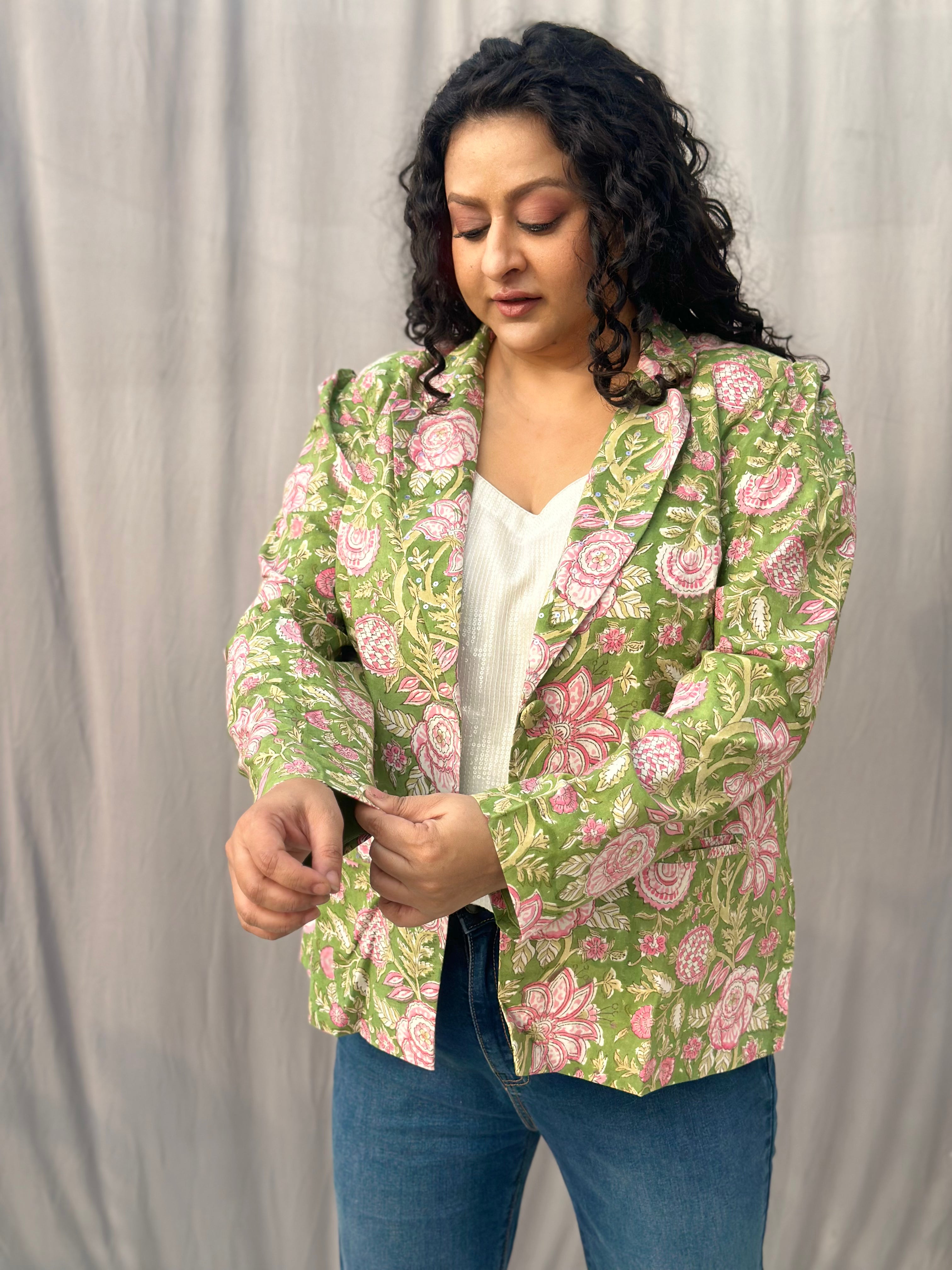Spring Meadow Blazer- Green Sanganeri Floral Handblock Print Cotton Blazer