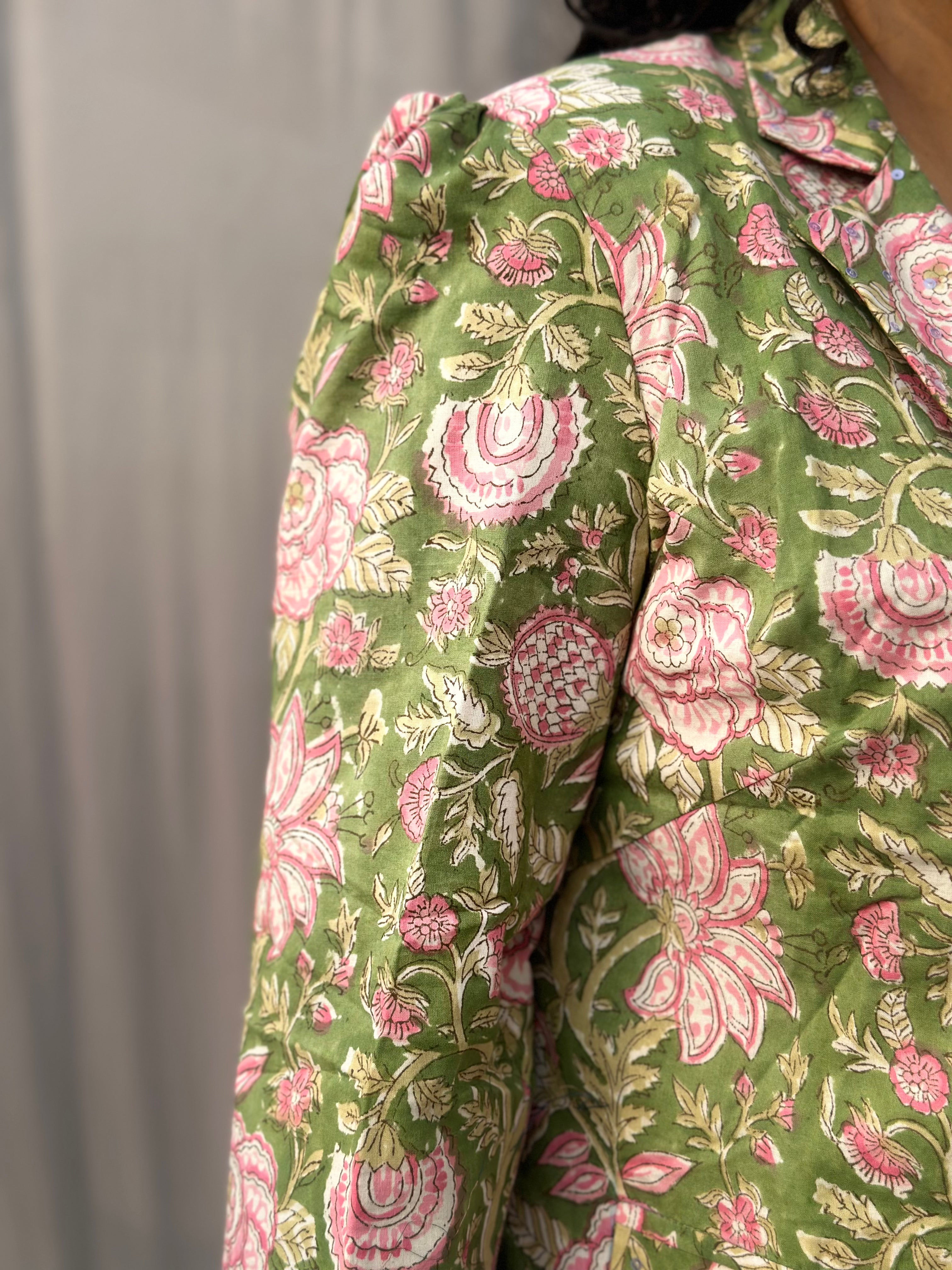 Spring Meadow Blazer- Green Sanganeri Floral Handblock Print Cotton Blazer