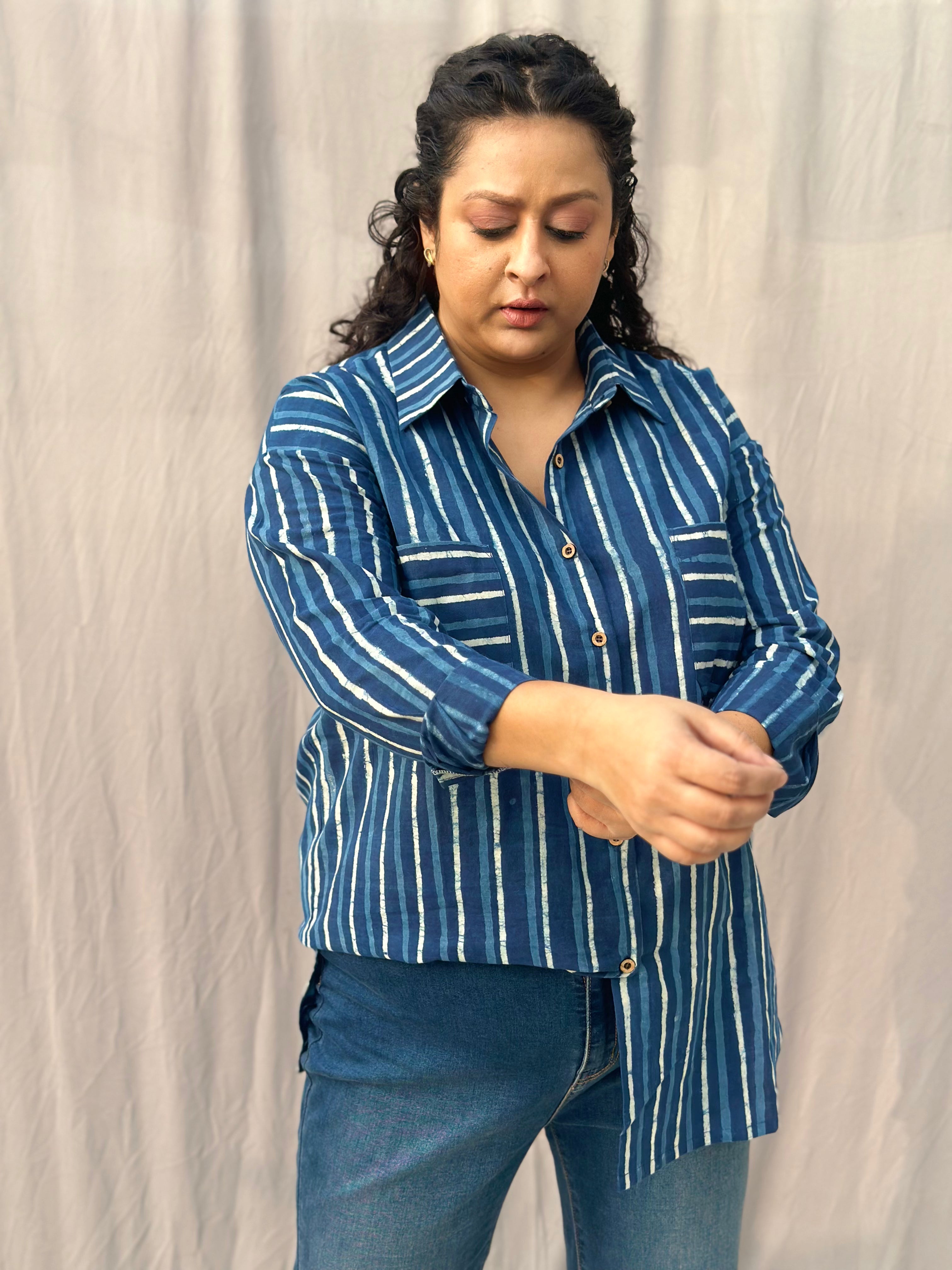 Indigo Dabu Stripe(thick) over-sized Cotton Handblock Print Shirt for Women