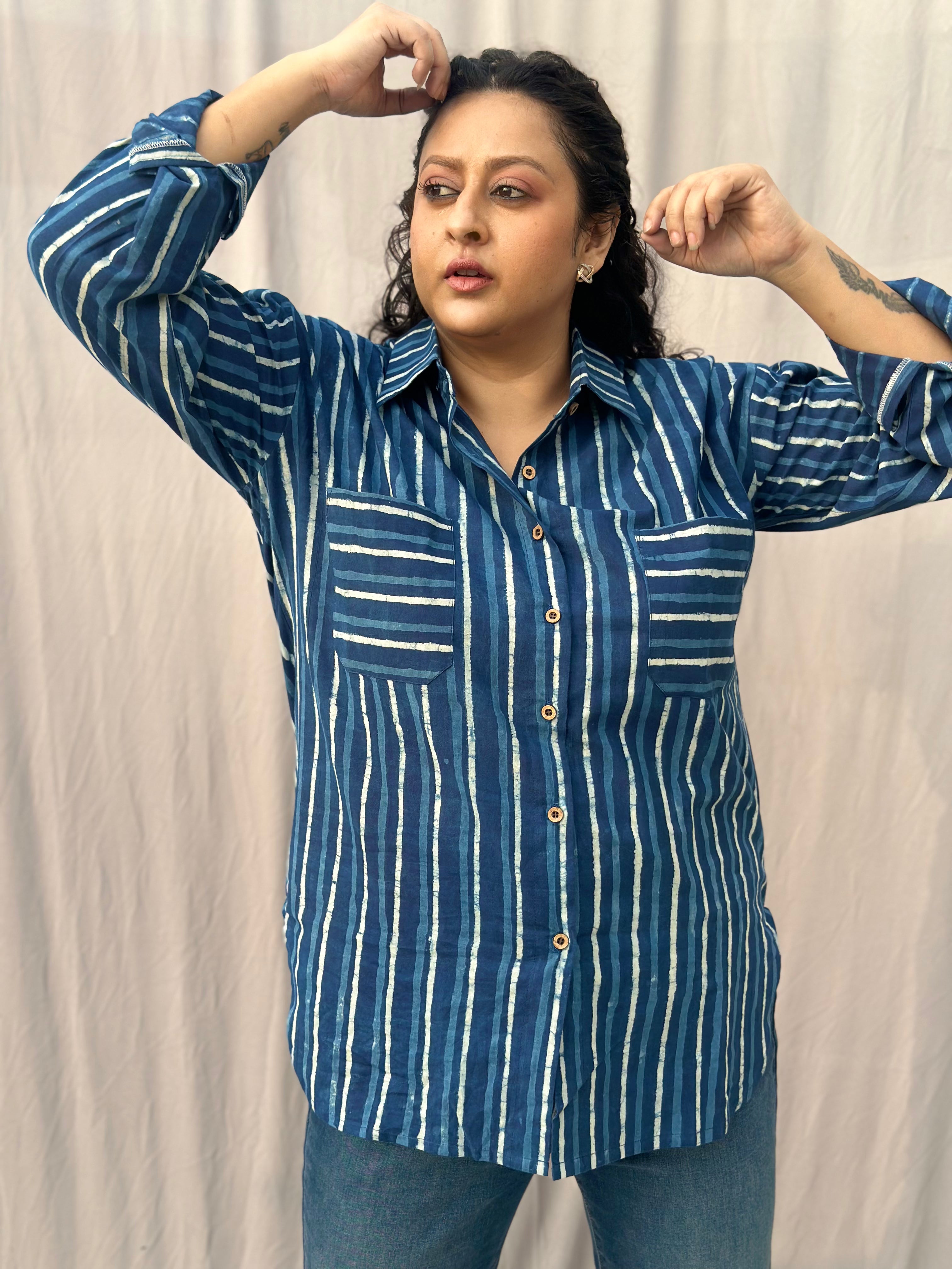 Indigo Dabu Stripe(thick) over-sized Cotton Handblock Print Shirt for Women
