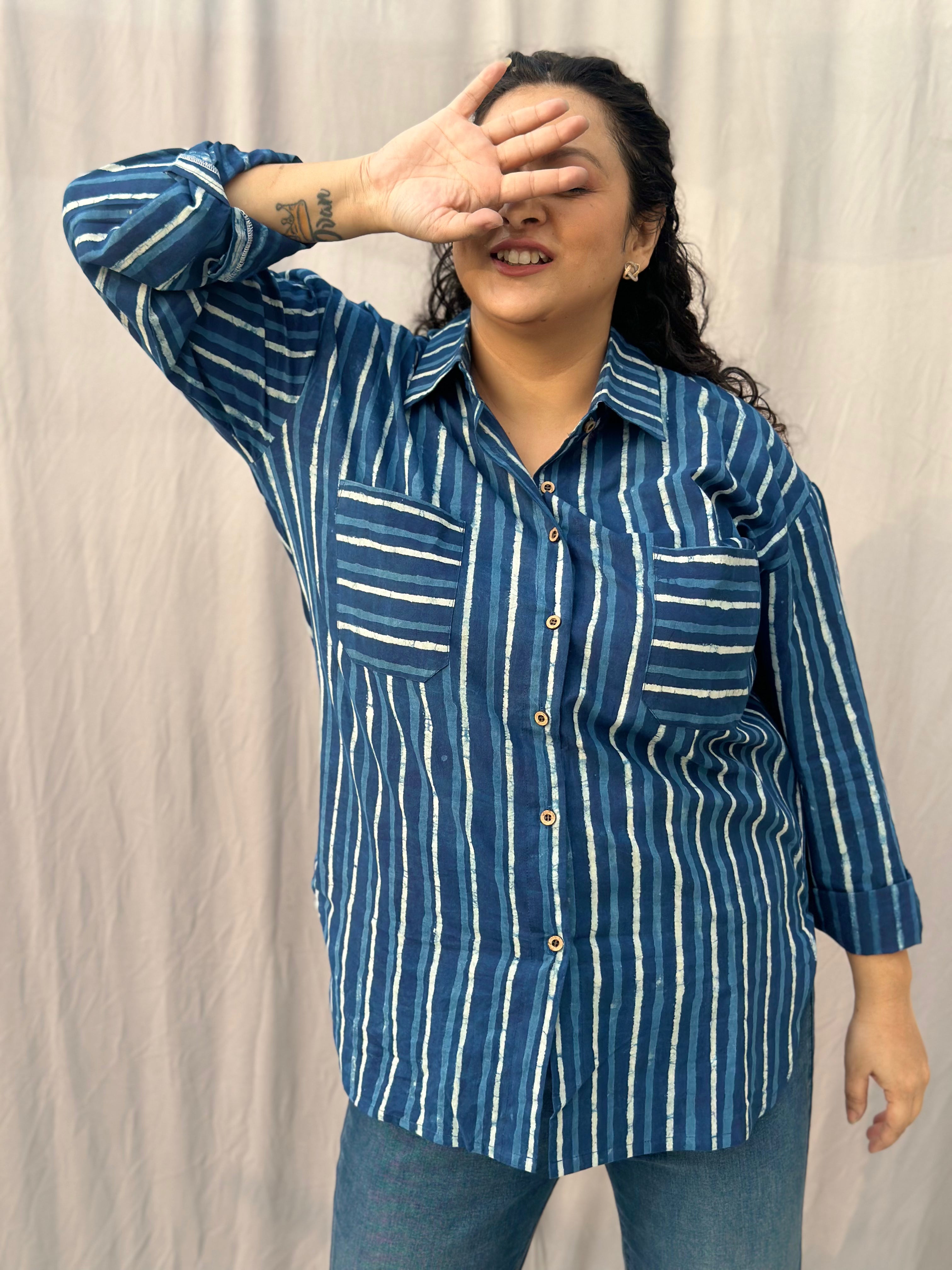 Indigo Dabu Stripe(thick) over-sized Cotton Handblock Print Shirt for Women