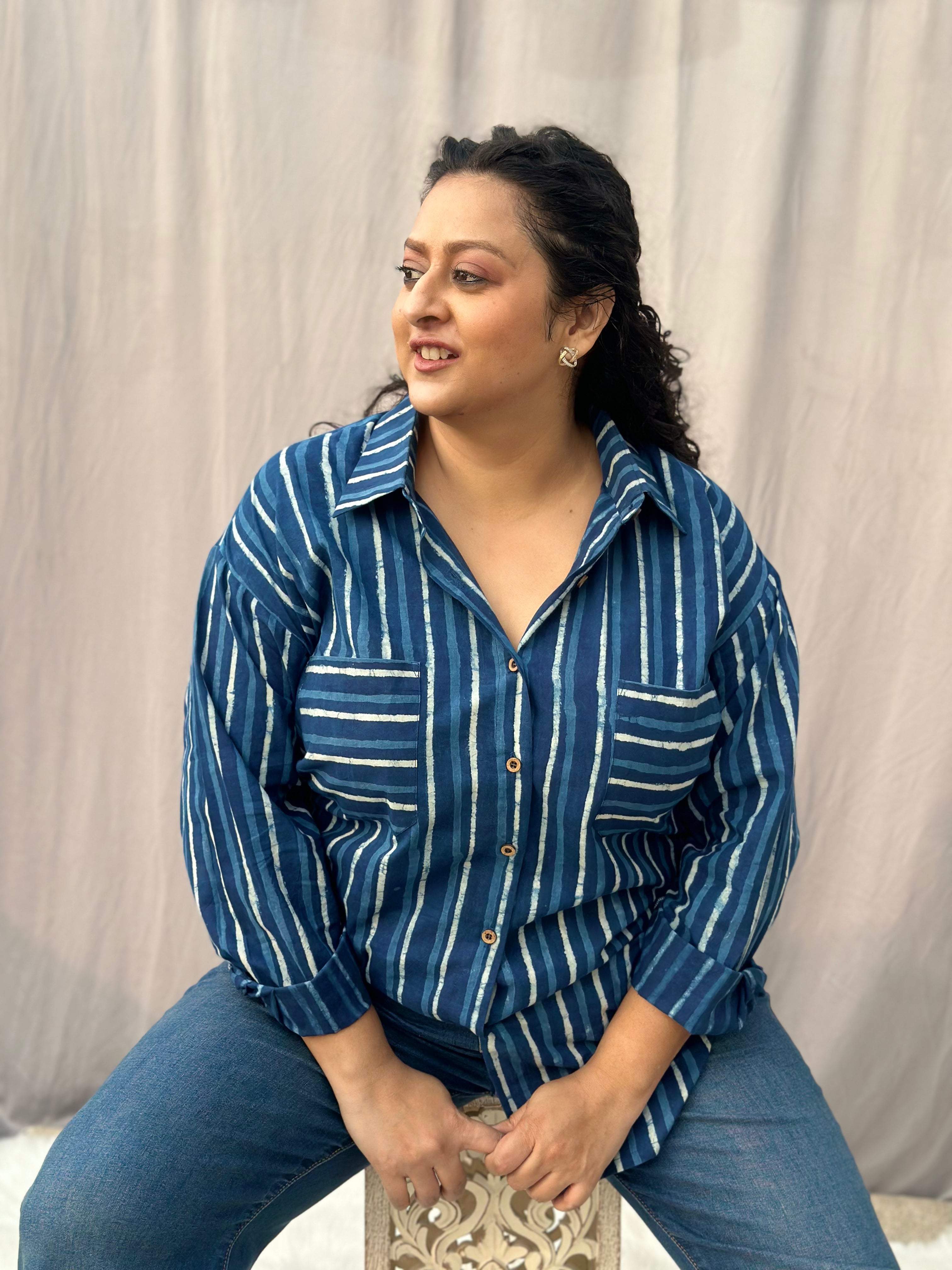 Indigo Dabu Stripe(thick) over-sized Cotton Handblock Print Shirt for Women